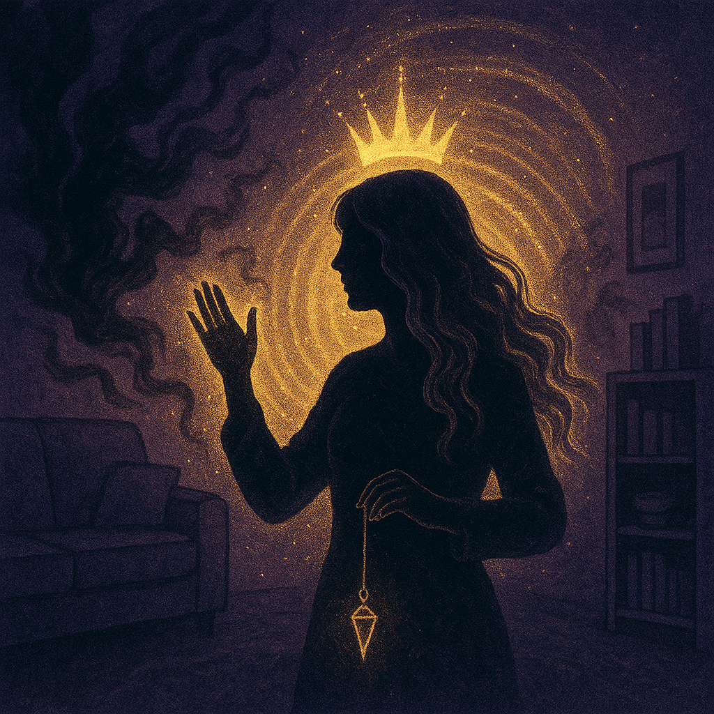 A silhouette of a woman with long wavy hair, holding a pendant with a triangle shape, standing in a dimly lit room. She has a golden crown-like halo around her head, glowing with rays of light. The room features a couch on the left and a bookshelf on the right, with dark tones and mystical atmosphere.
