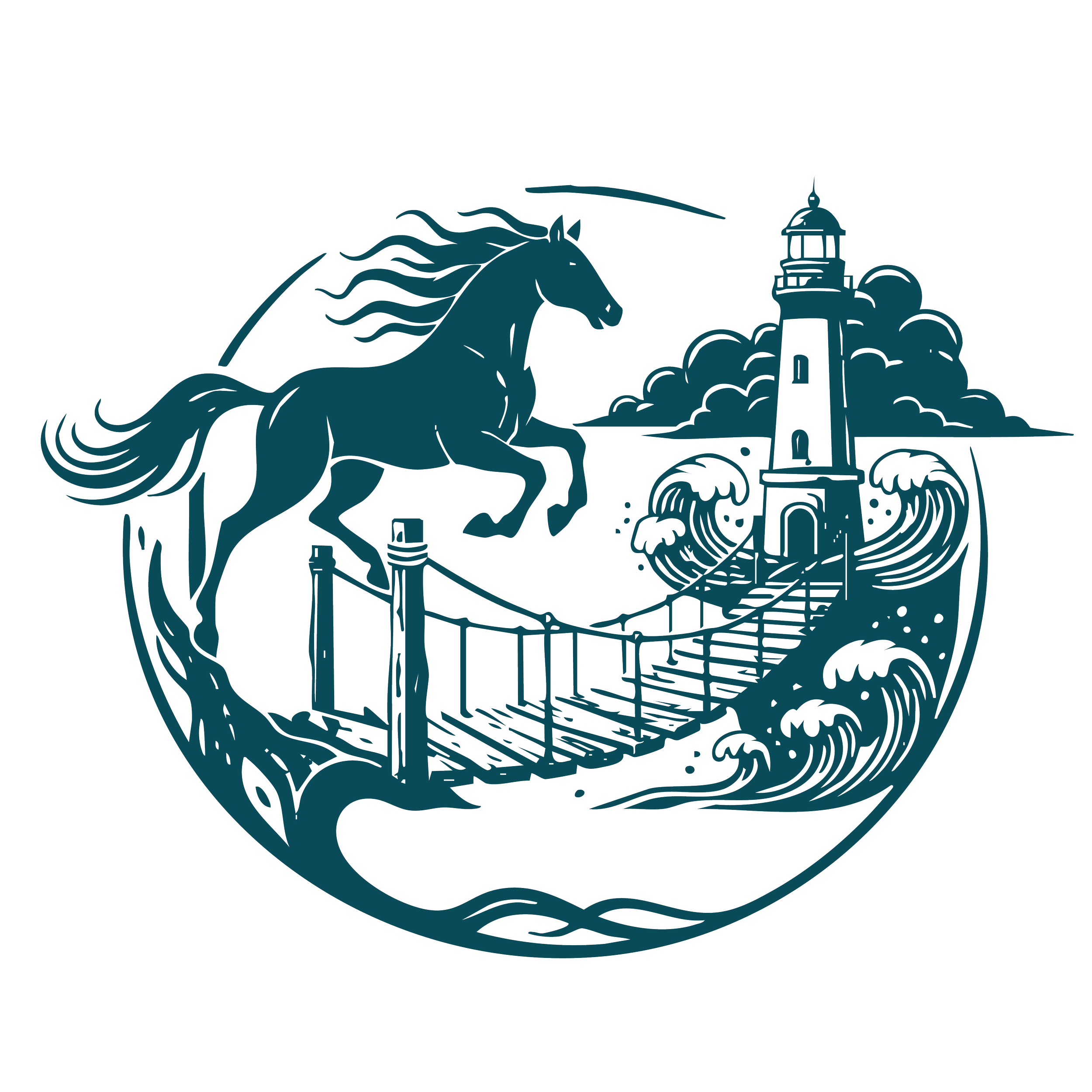 Illustration of a horse jumping over a suspension bridge with a lighthouse in the background surrounded by waves and clouds.