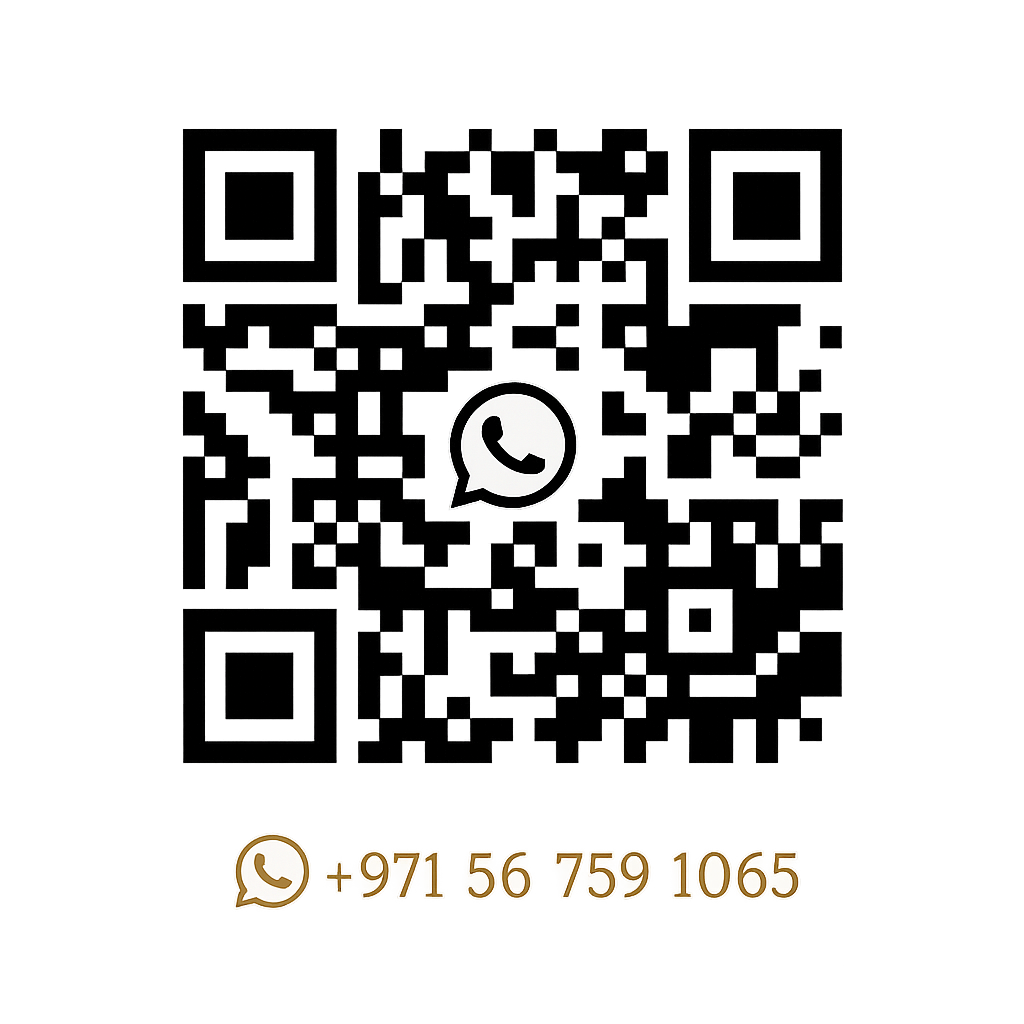 Image of a QR code with a WhatsApp icon in the center and a contact phone number +971 56 759 1065 below.