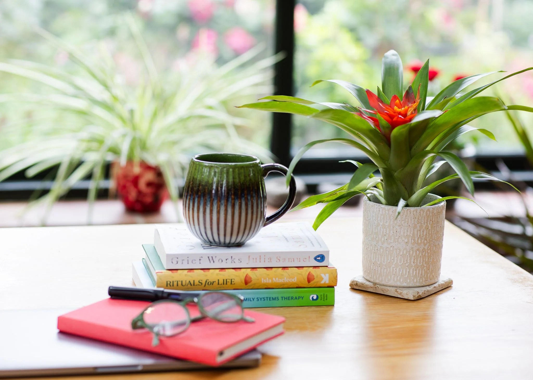 A wooden table with a stack of books, a ceramic mug, a pair of eyeglasses, and a potted plant with red flowers. In the background, there is a window with greenery outside.