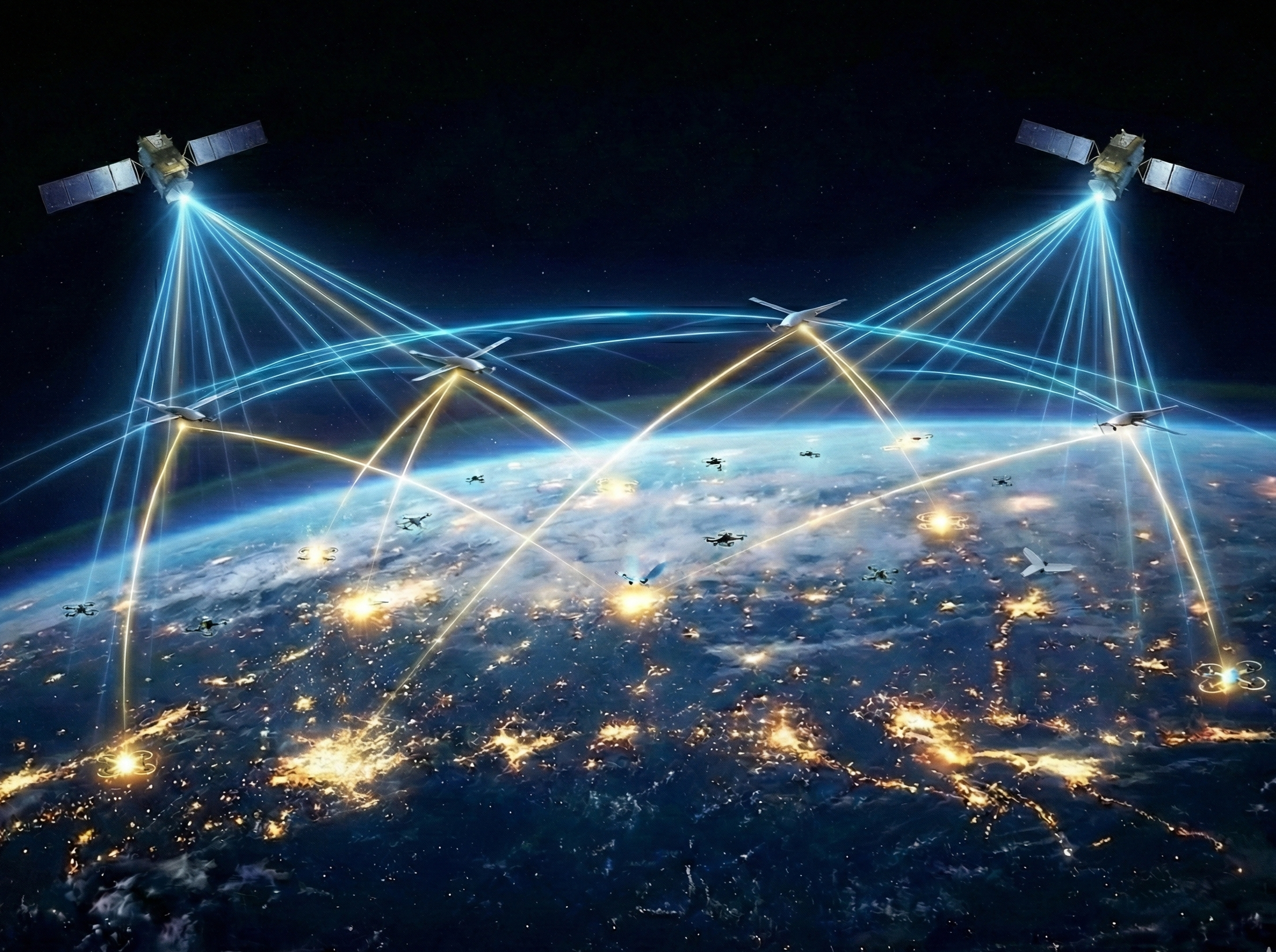 Satellite and aerial platform operating in space, representing AstroLynk’s customized RF architecture and antenna system integration—engineered for precision, adaptability, and complex technical challenges.
