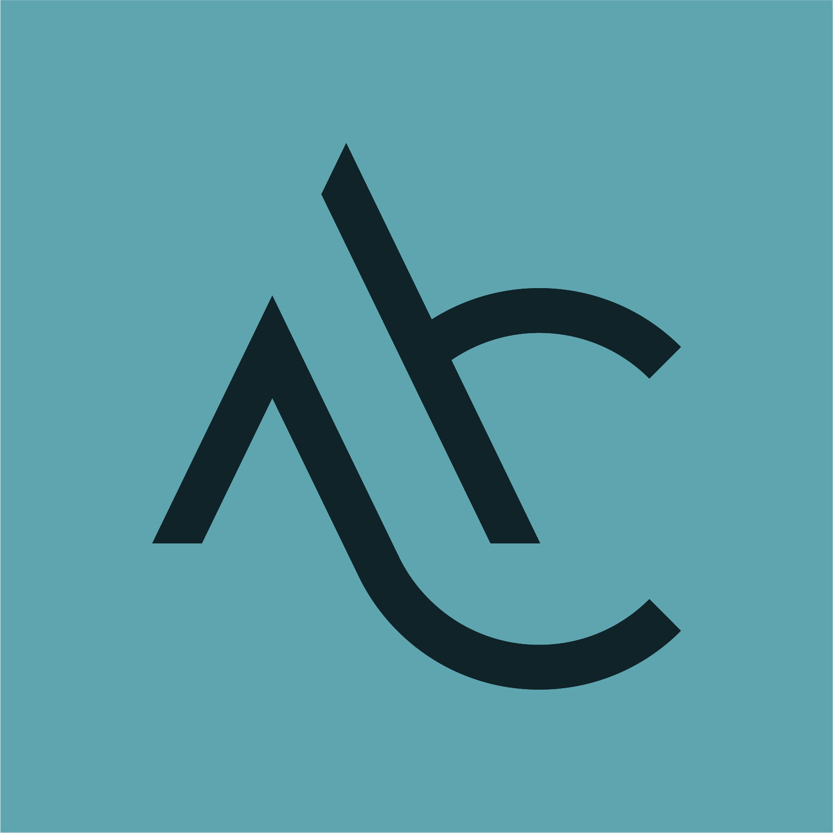 Abstract black and gray logo on teal background, featuring stylized letters A, a, and C interconnected.