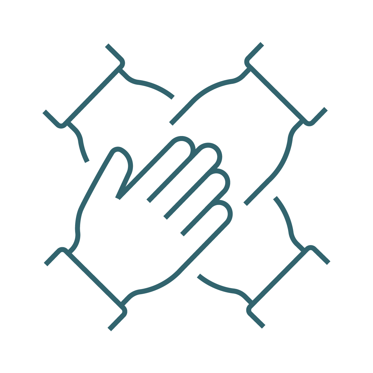 Line drawing of interconnected abstract hands in a handshake pattern.