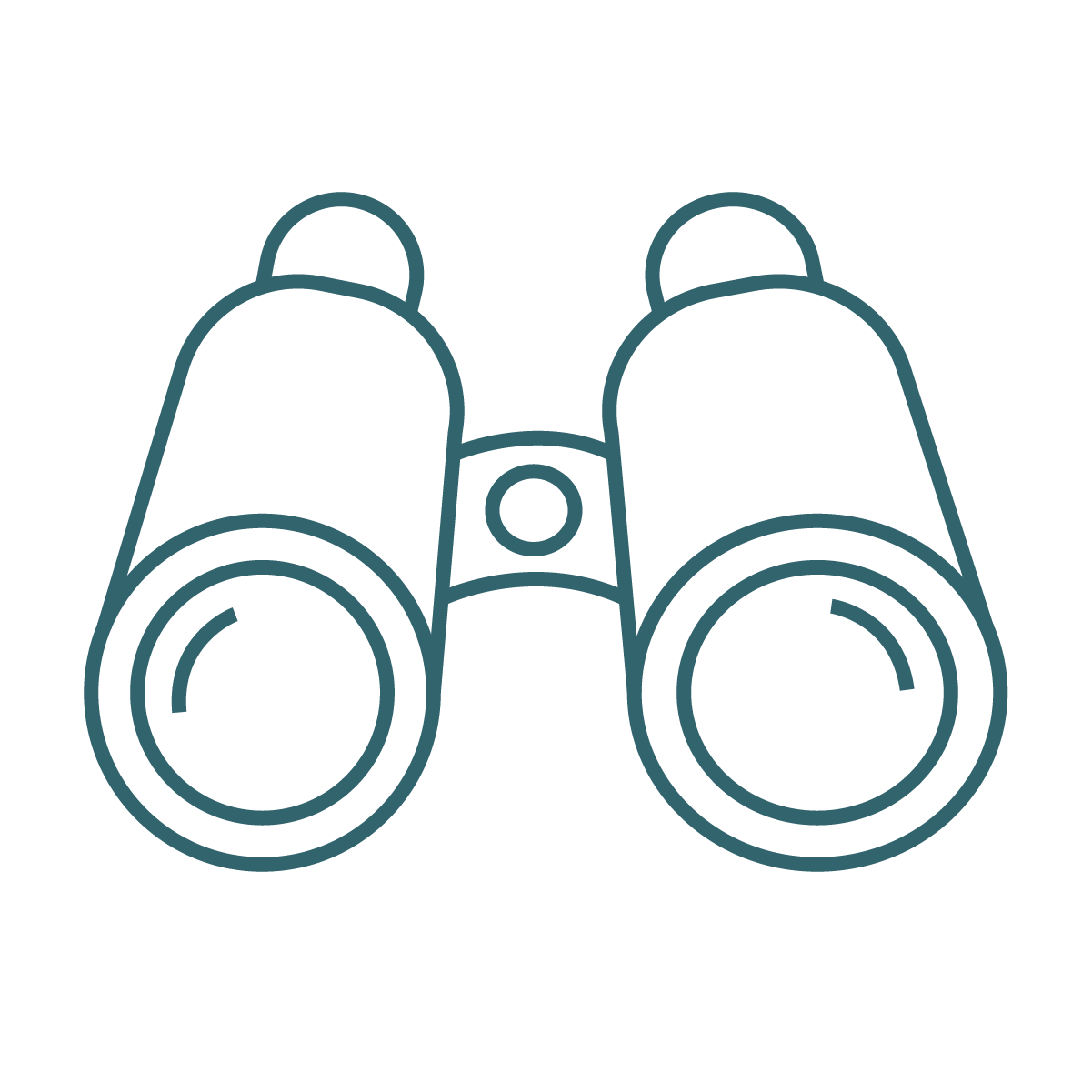Outline drawing of binoculars, viewed from the front, showing the two eyepieces and the central focusing wheel.