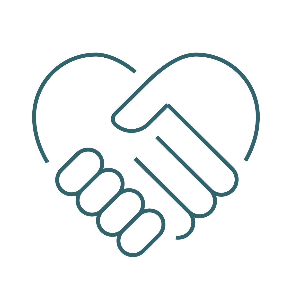 Line art icon of a handshake inside a heart outline, representing agreement or partnership.
