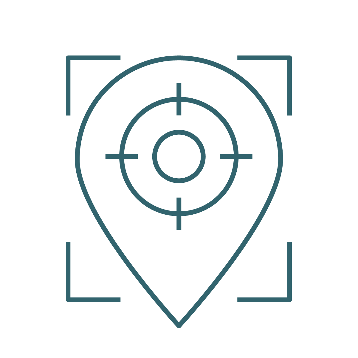 A digital icon of a location pin combined with a target or radar symbol, outlined in blue on a black background.