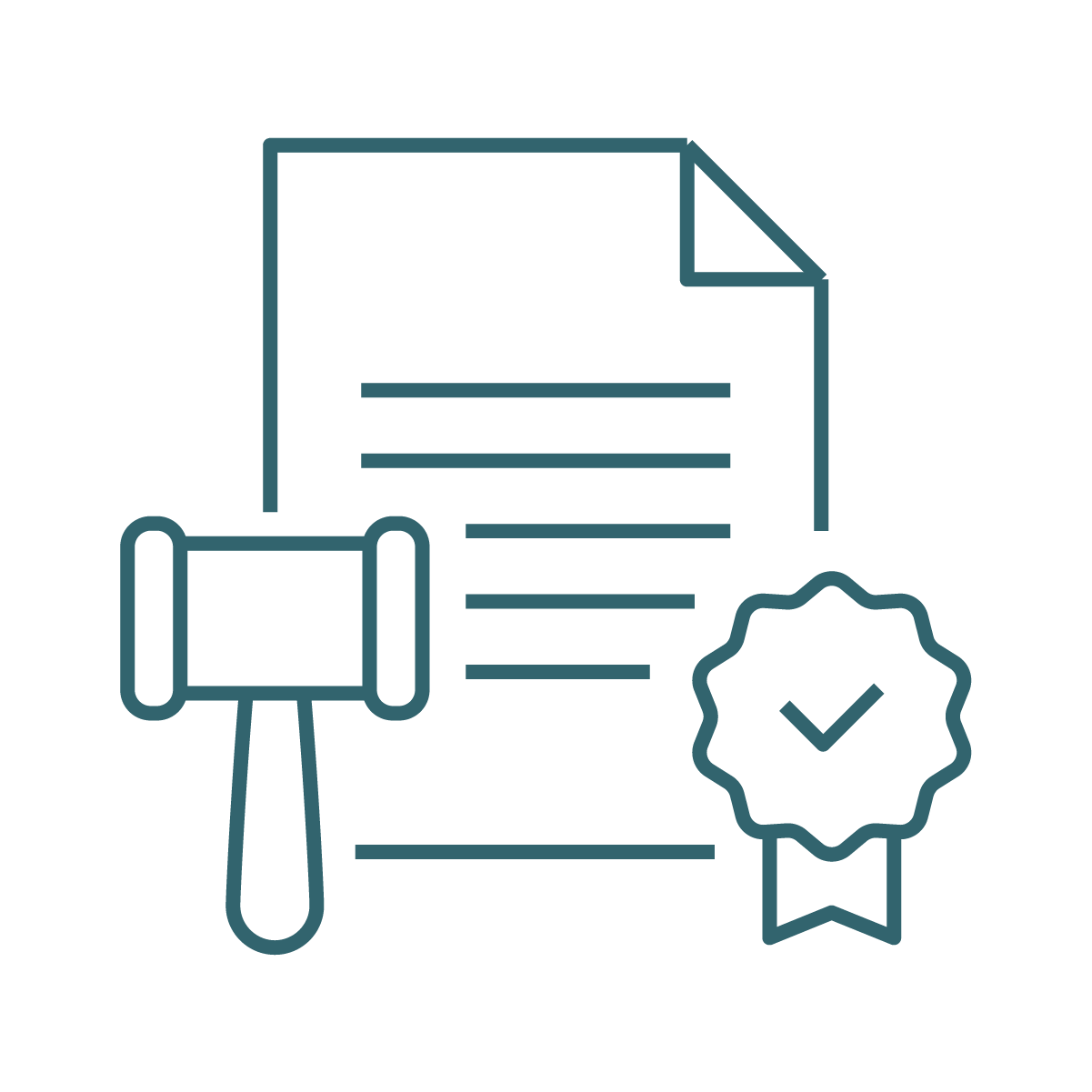 Outline of a document, a certificate badge with a checkmark, a rolled diploma, and a gavel, symbolizing approval and certification.
