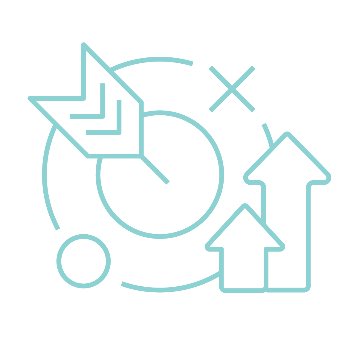 Line art icon of a clock with arrows, a star, X marks, a circle, and upward arrows, representing time, growth, or progress.