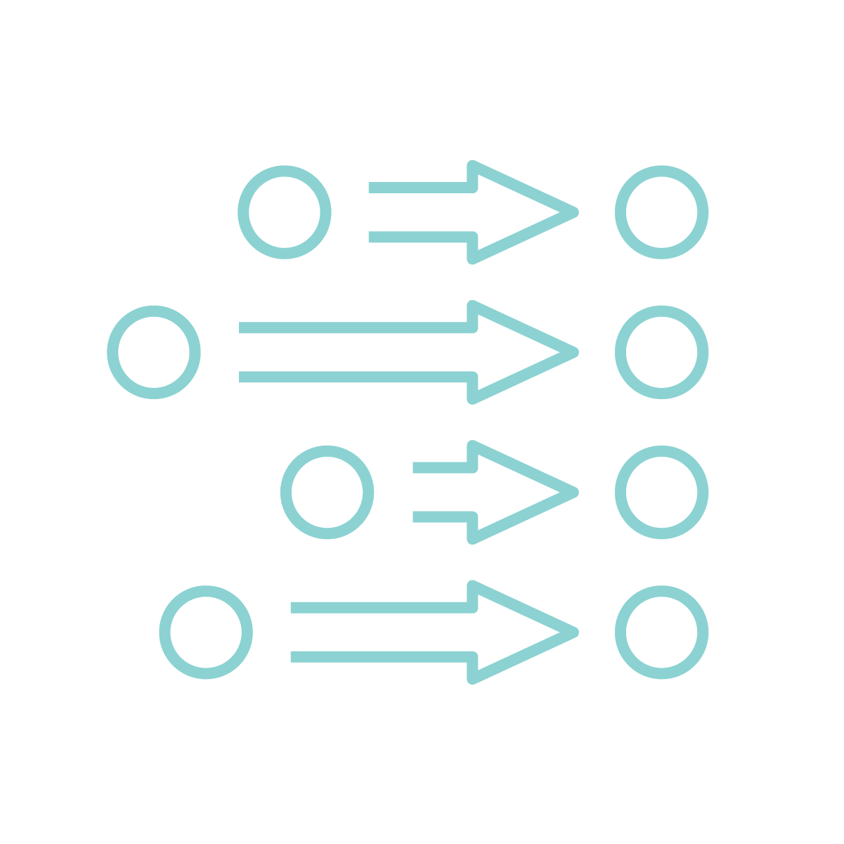 Diagram showing four horizontal arrows pointing right, each originating from a circle on the left side.