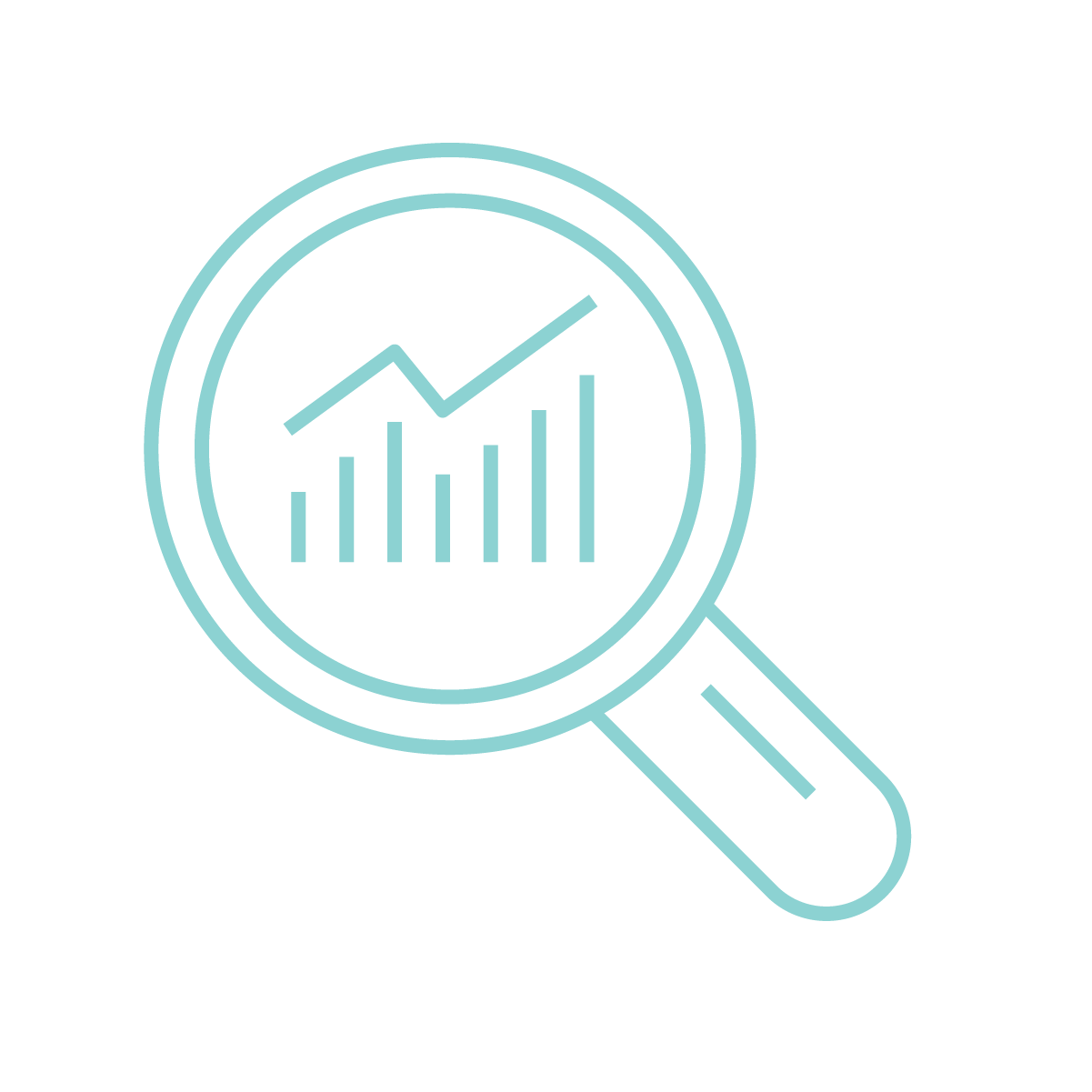 Line and bar graph displayed inside a magnifying glass icon, representing data analysis or market growth.