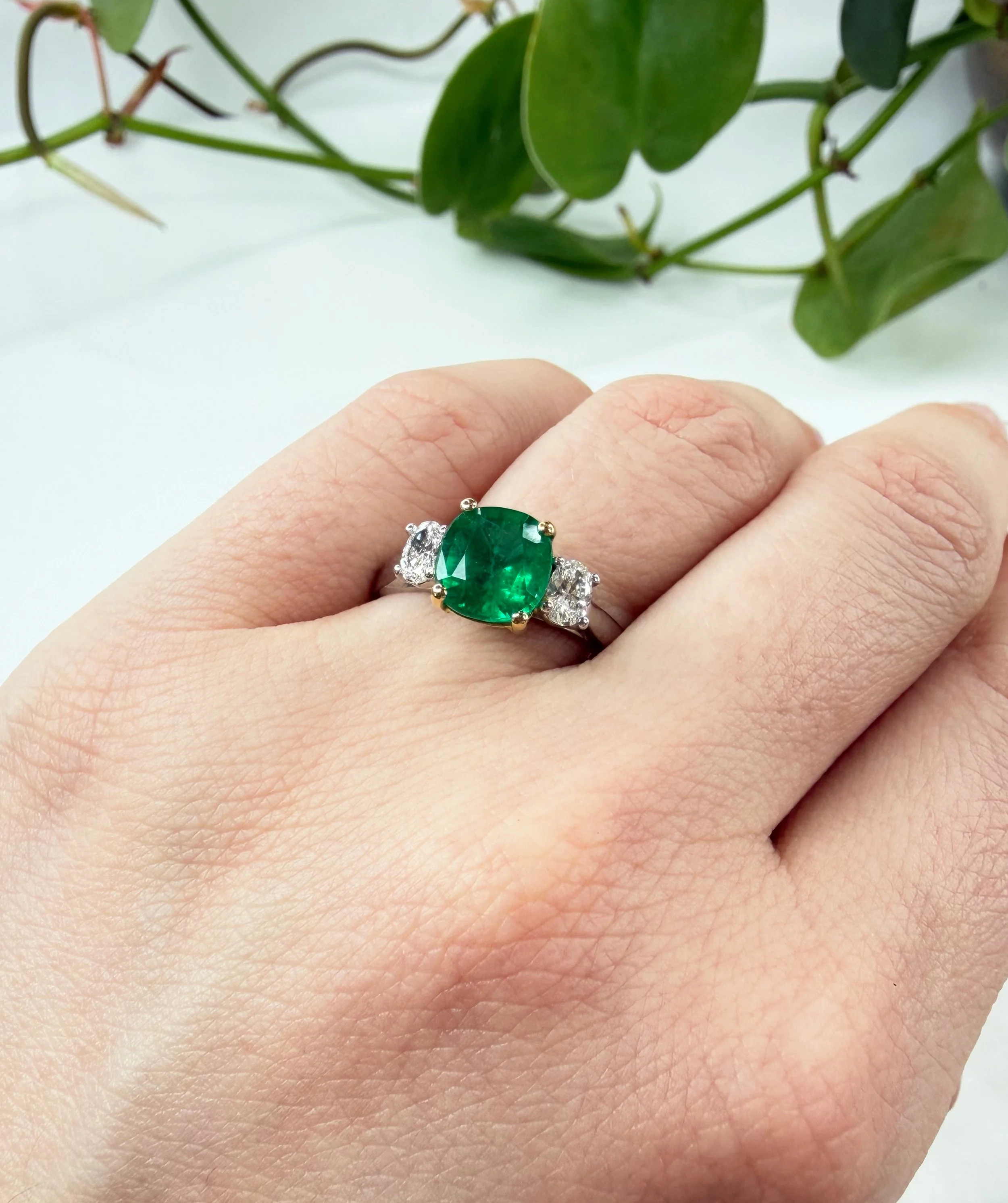 Cushion Cut Emerald and DiamondTrilogy Ring.jpg