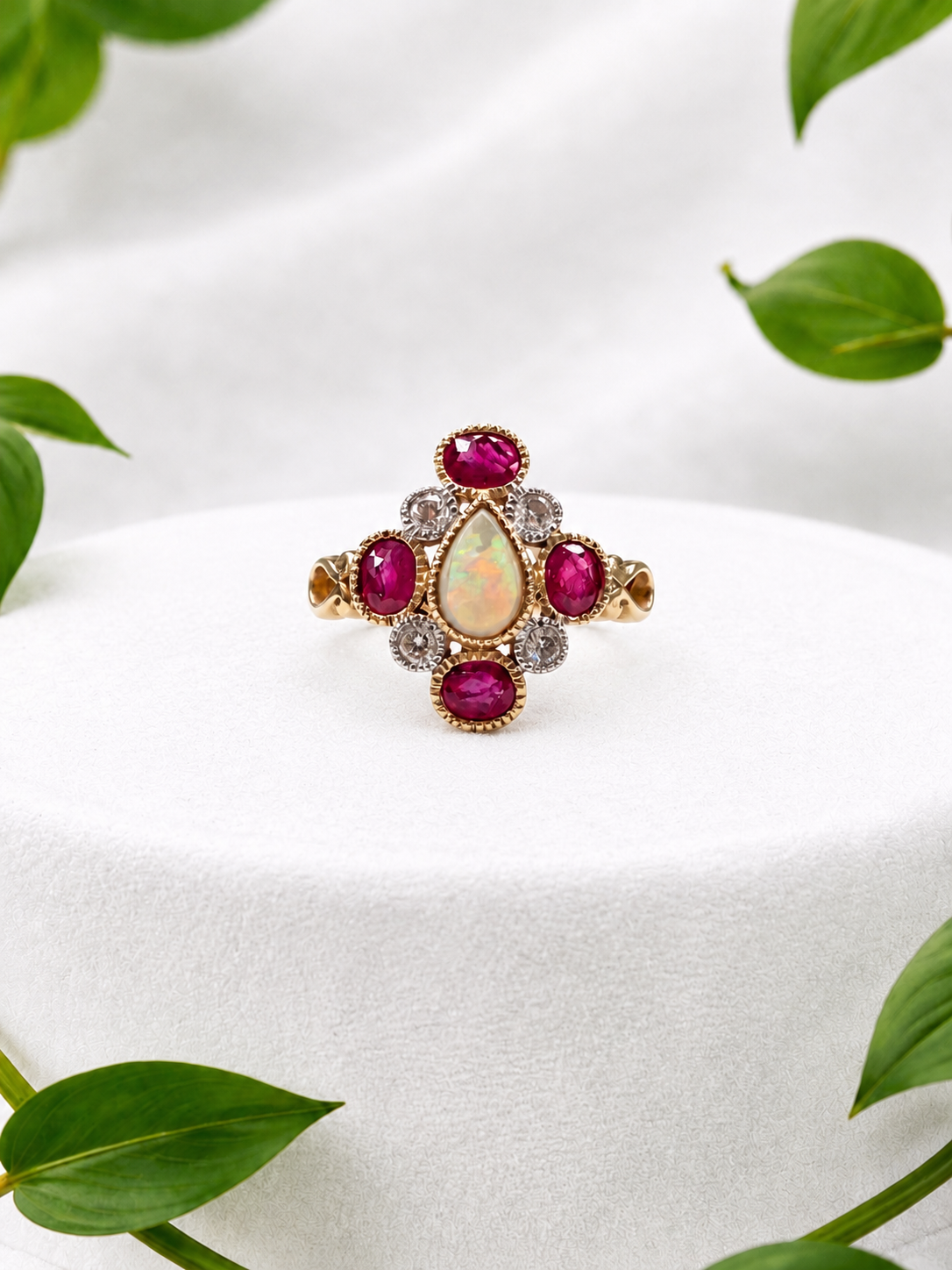 Vintage Opal, Ruby and Diamond Ring