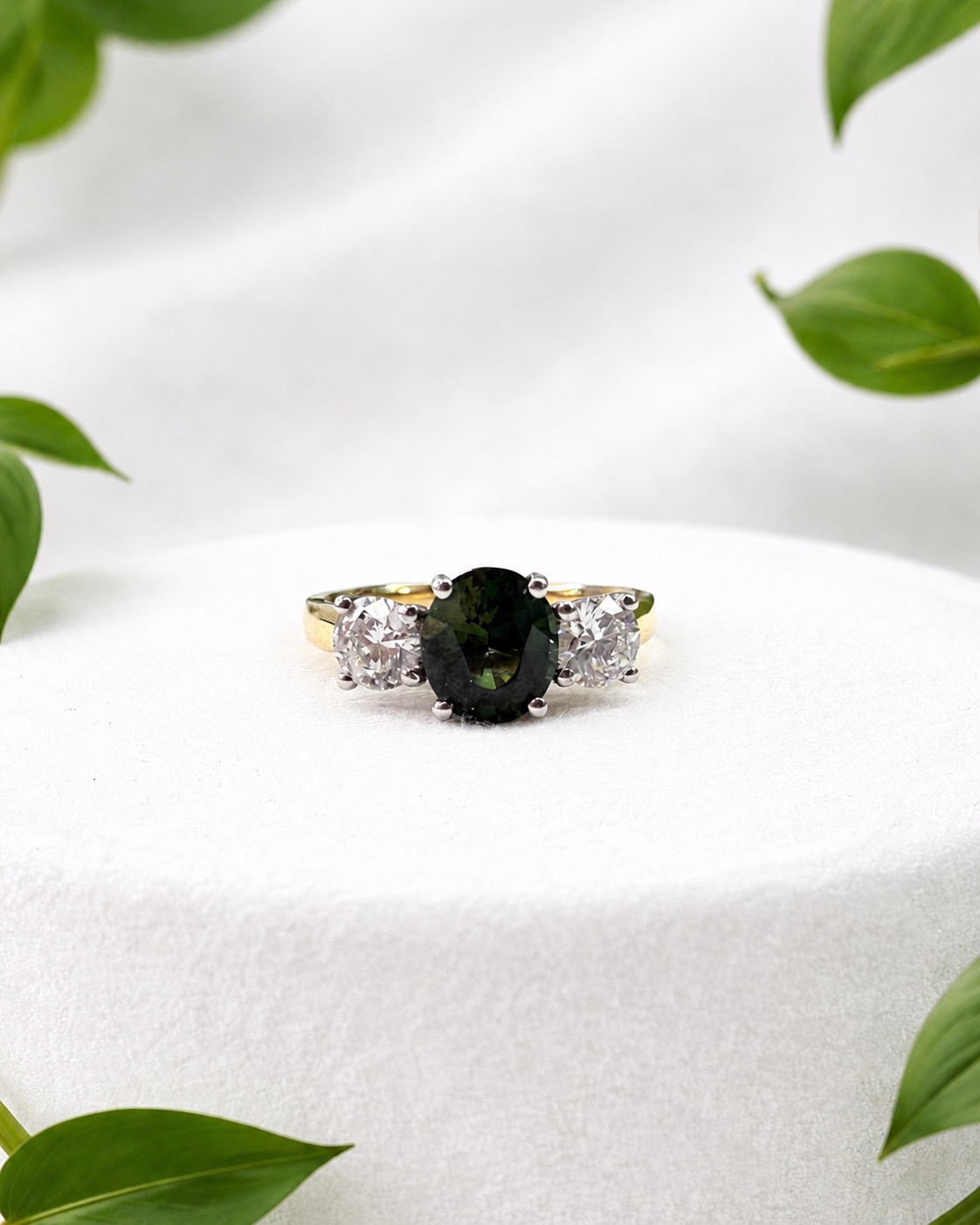 Teal Sapphire and Natural Diamond Trilogy Ring