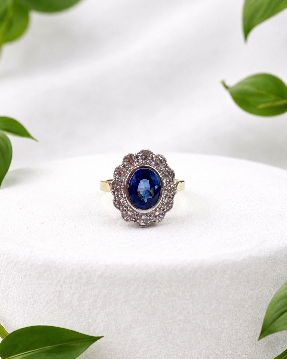 Sapphire and Natural Diamond Cluster Ring