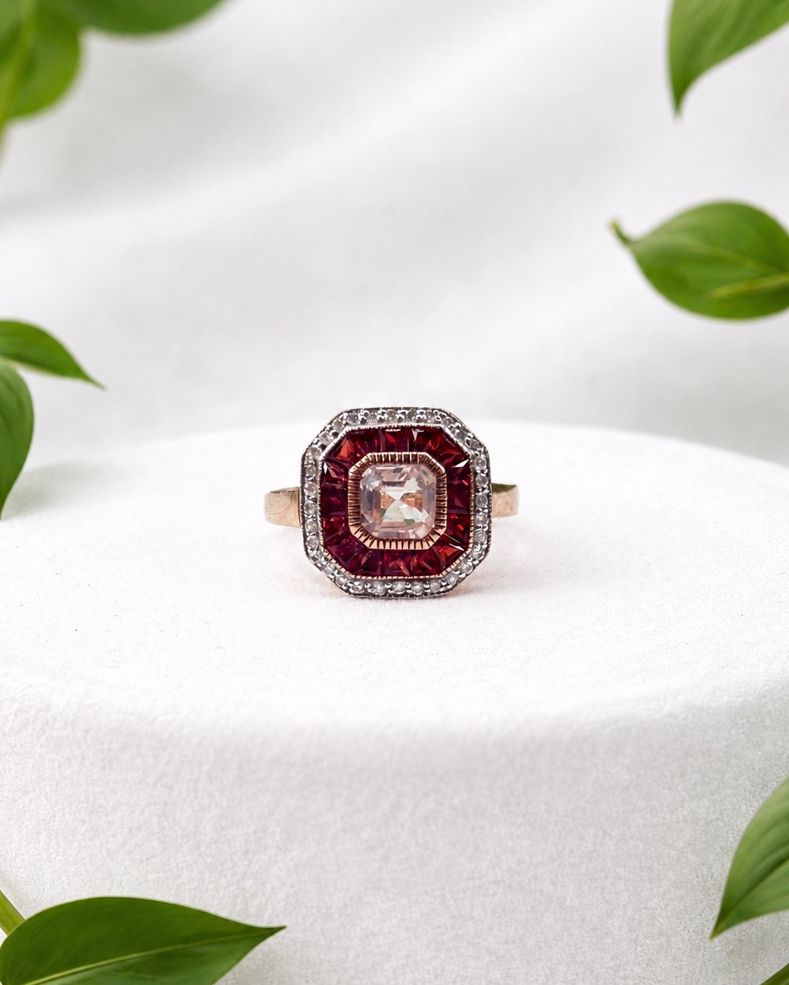 Vintage Garnet, Morganite and Diamond Ring