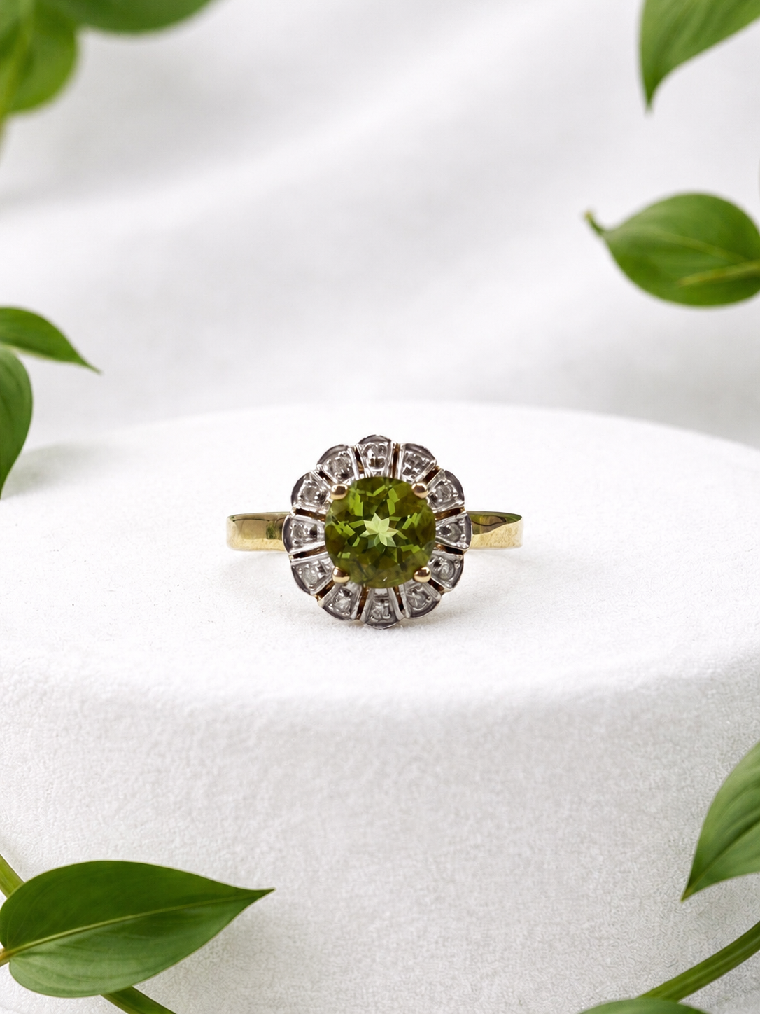 Peridot and Diamond Halo Ring