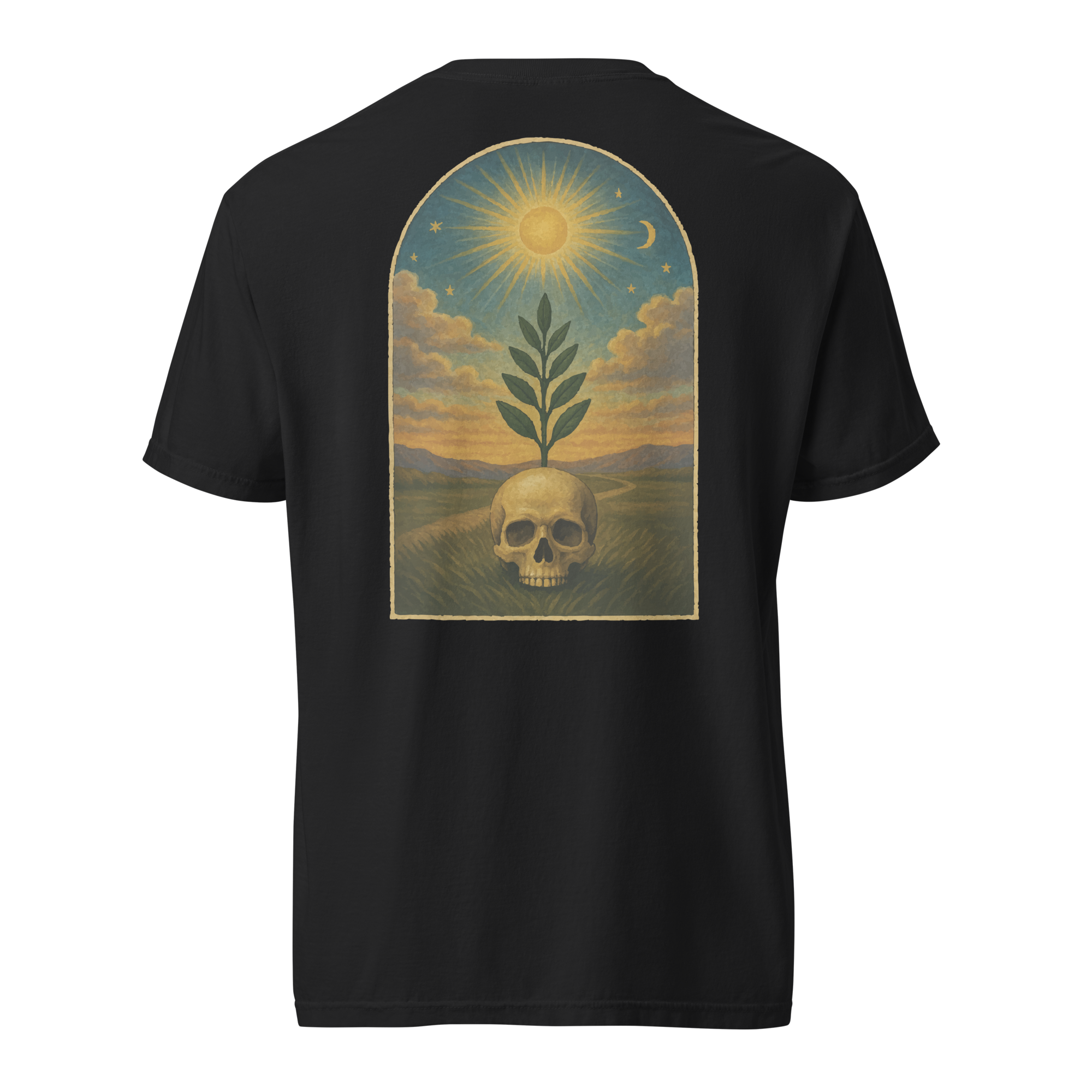 Black Masonic t-shirt featuring sprig of acacia and skull artwork under sun and moon, tracing board style design.