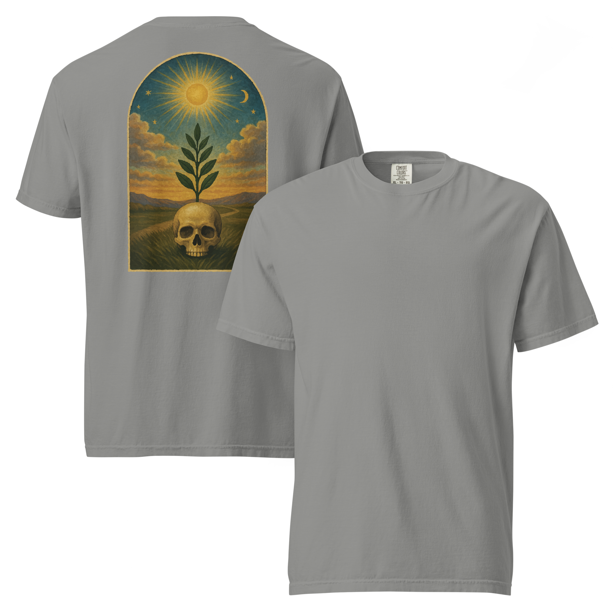 Gray Masonic t-shirt with sprig of acacia and skull artwork symbolizing hope beyond the grave, sun and moon tracing board design.