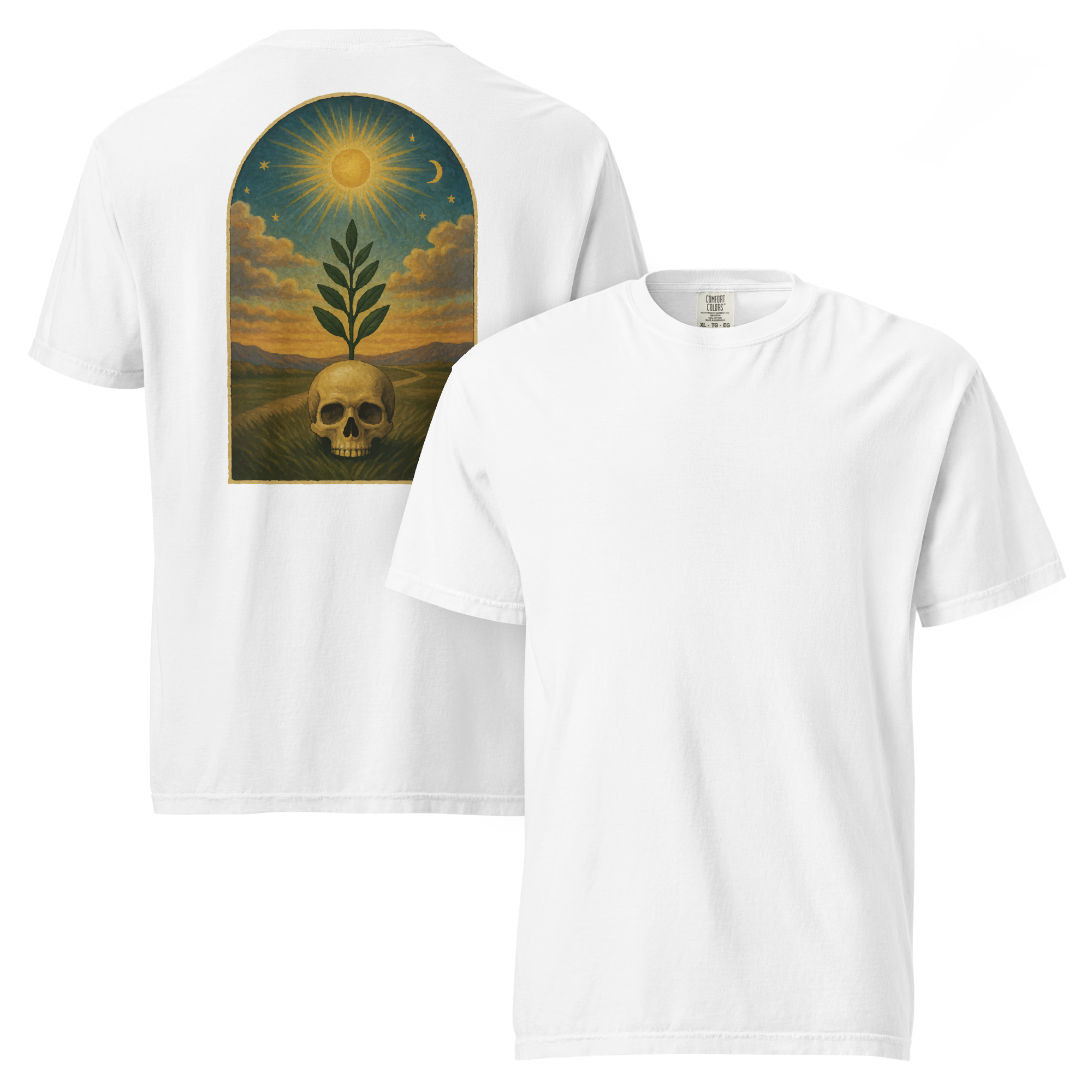 White Masonic t-shirt featuring sprig of acacia growing from skull, sun and moon tracing board inspired design.