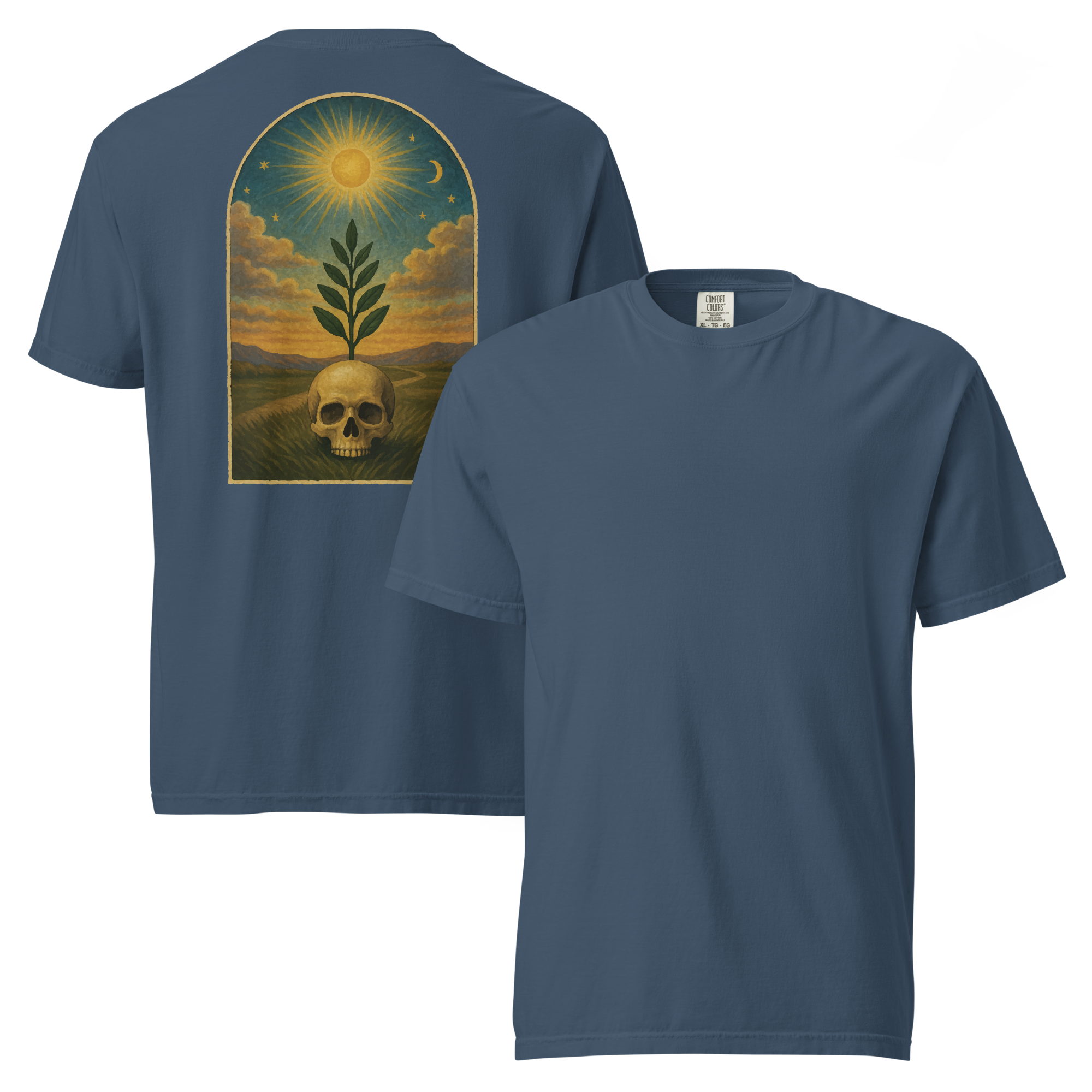 Blue Masonic t-shirt displaying sprig of acacia and skull illustration, symbolic tracing board style with sun and moon.