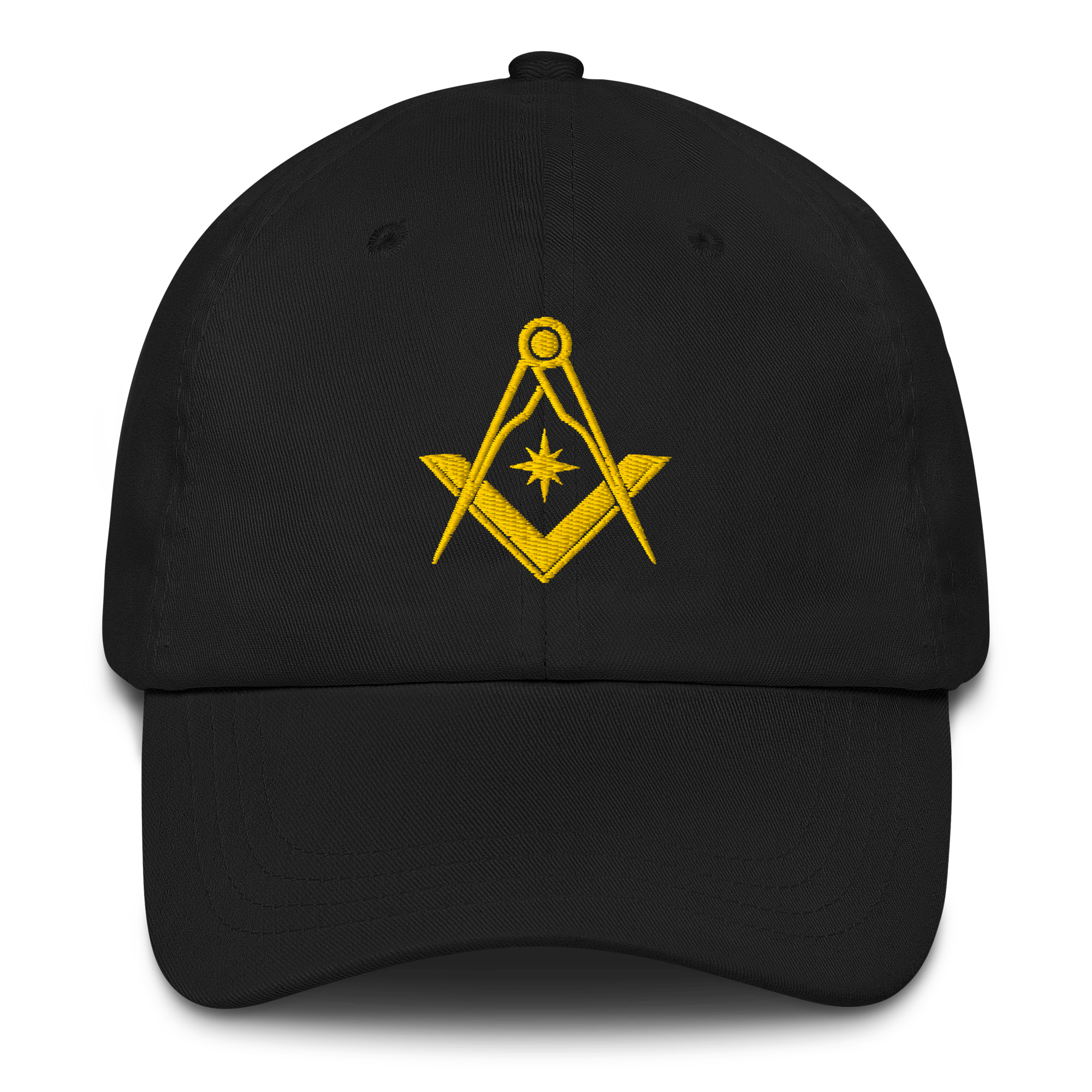Black Masonic baseball cap with embroidered Square and Compasses emblem, Freemason dad hat.