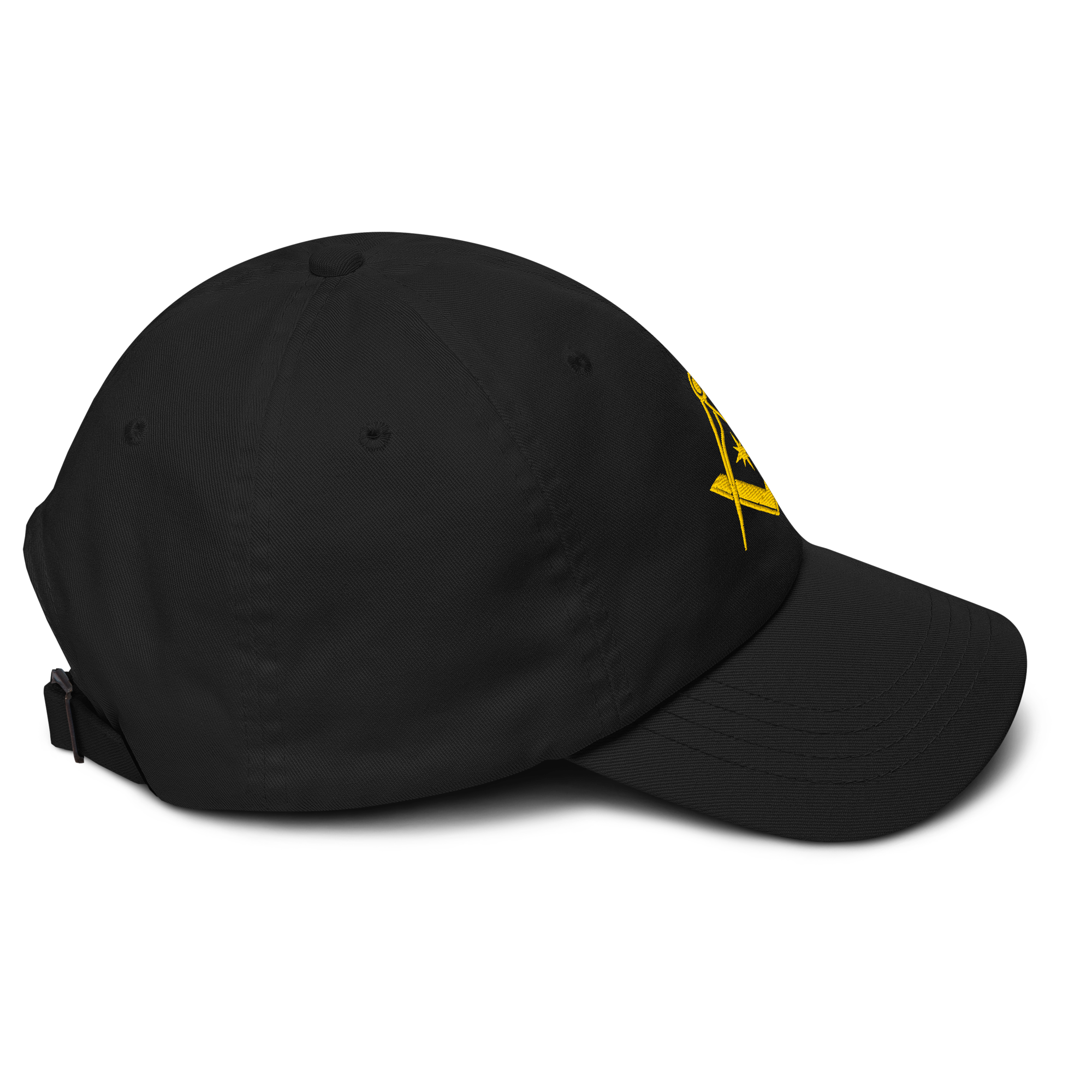 Black Masonic baseball cap with embroidered Square and Compasses emblem, Freemason dad hat.
