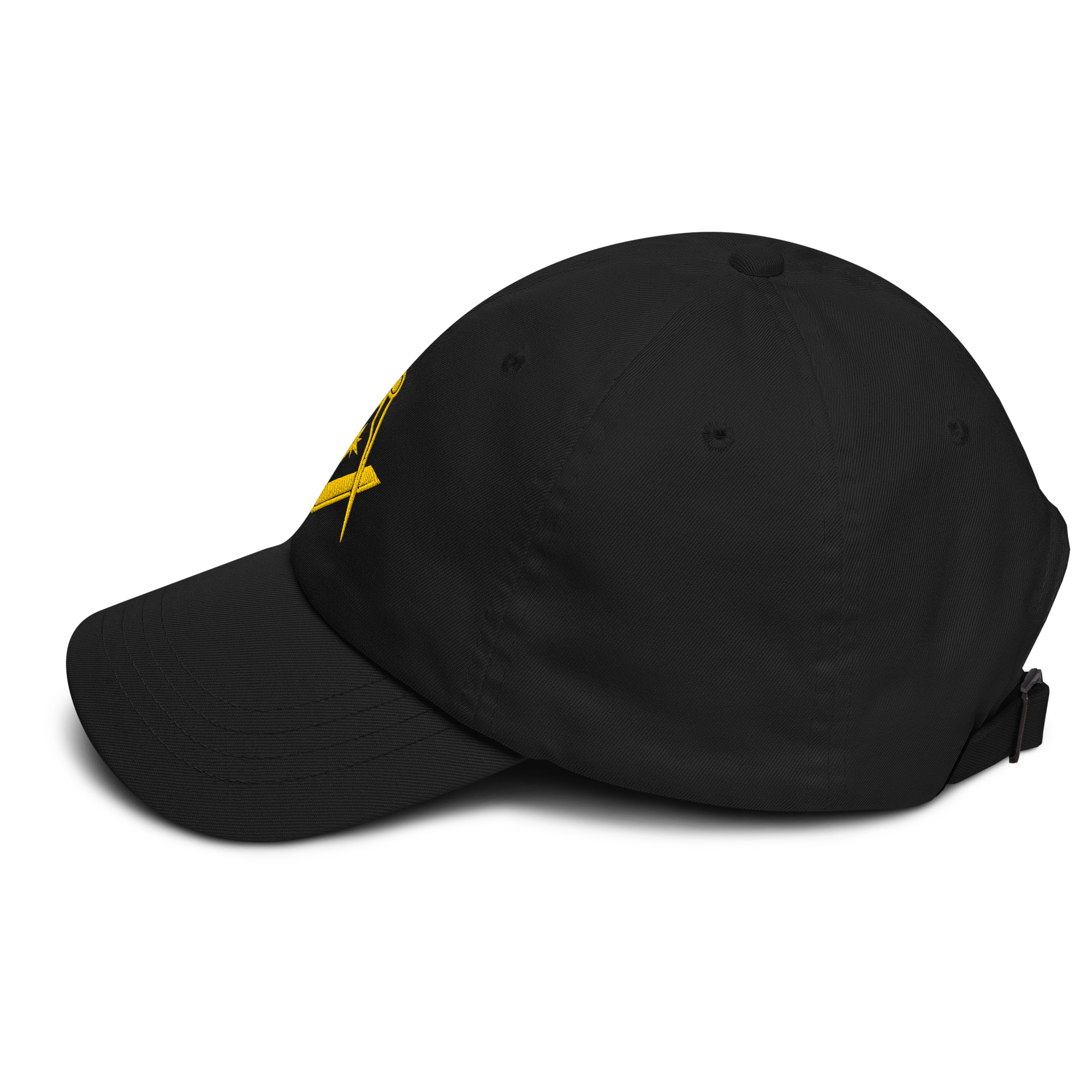 Black Masonic baseball cap with embroidered Square and Compasses emblem, Freemason dad hat.