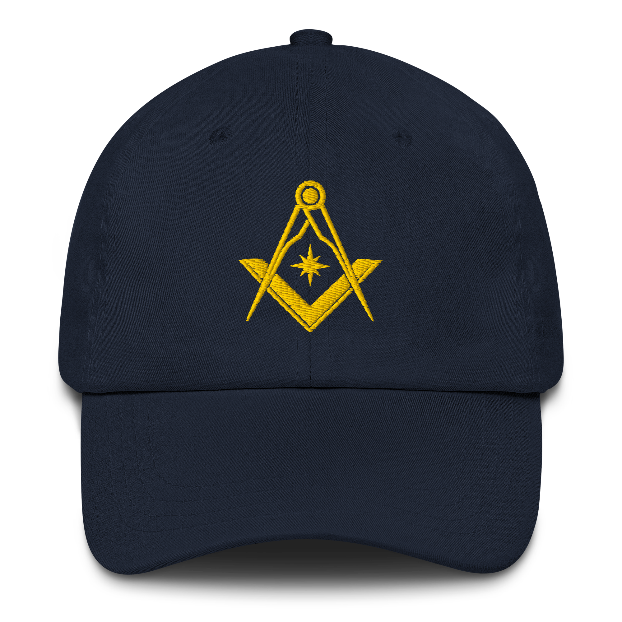 Navy Masonic baseball cap, low-profile Freemason hat with adjustable strap and gold embroidery.