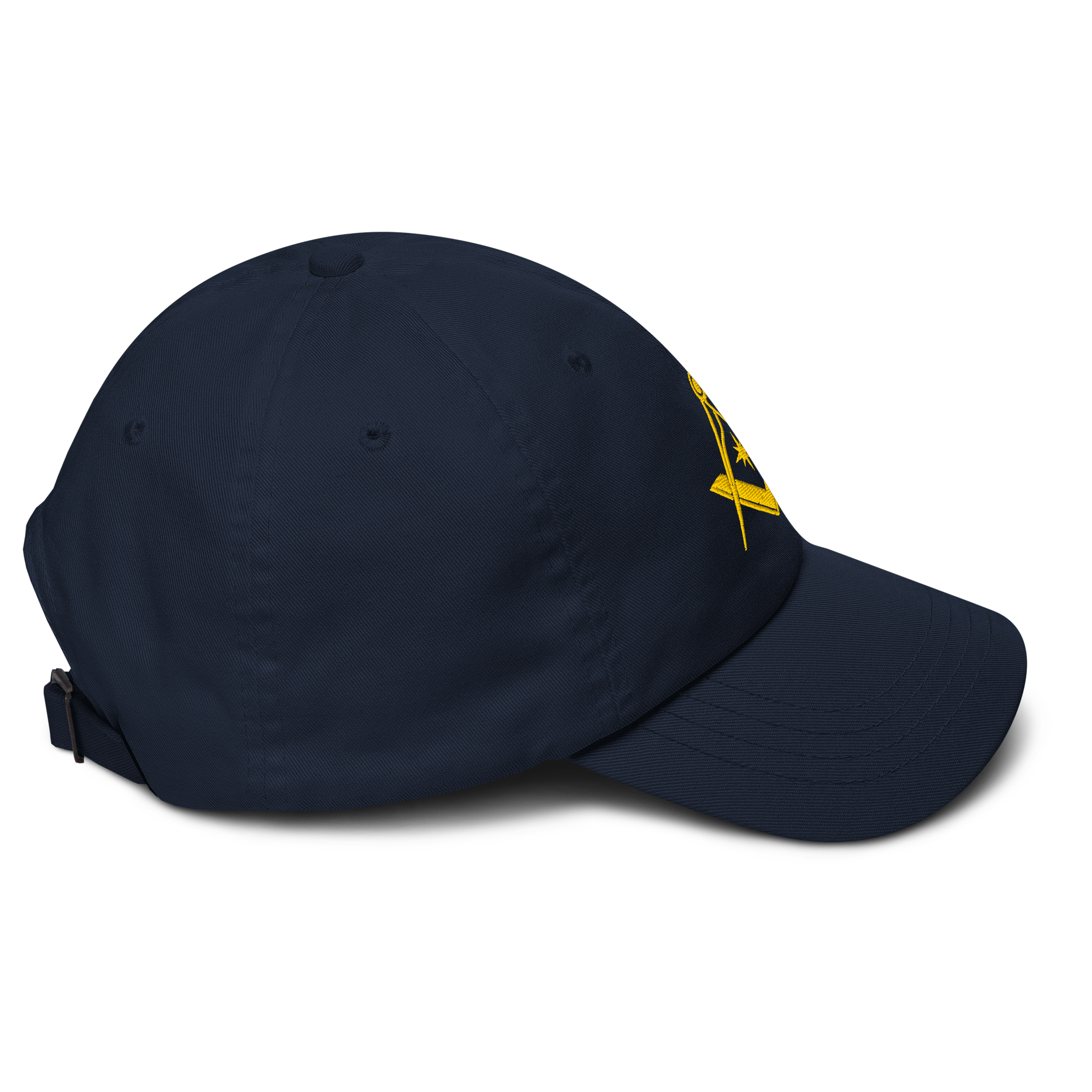 Navy Masonic baseball cap, low-profile Freemason hat with adjustable strap and gold embroidery.
