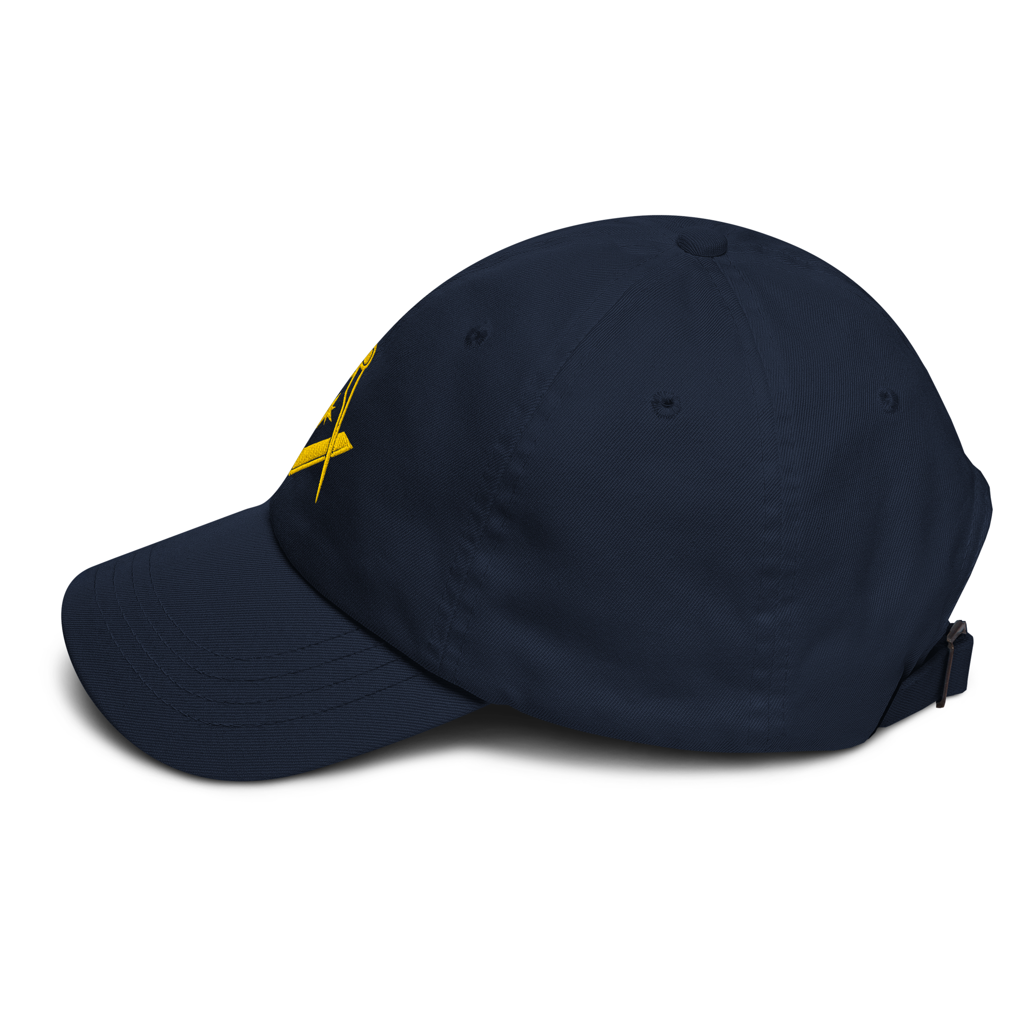 Navy Masonic baseball cap, low-profile Freemason hat with adjustable strap and gold embroidery.