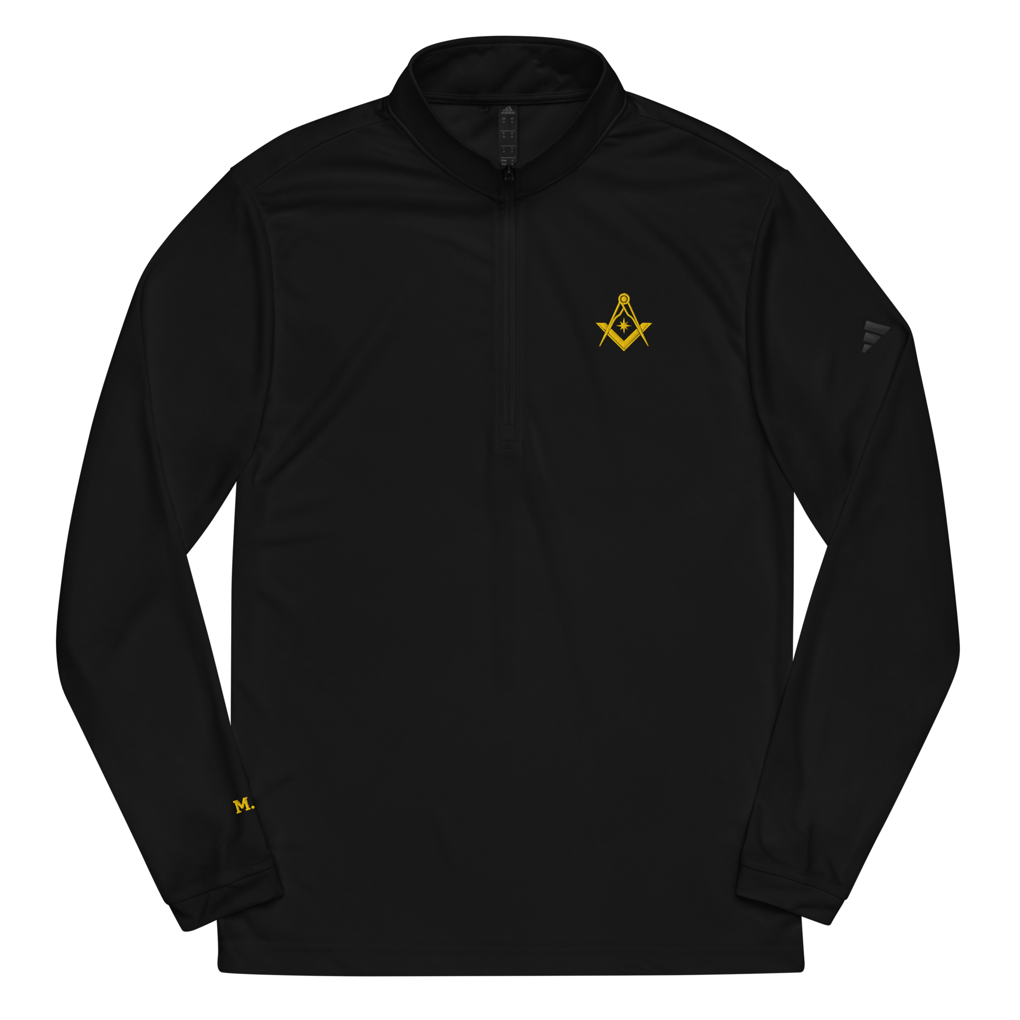 Black Masonic quarter-zip pullover with embroidered Square and Compasses emblem, Freemason athletic top.