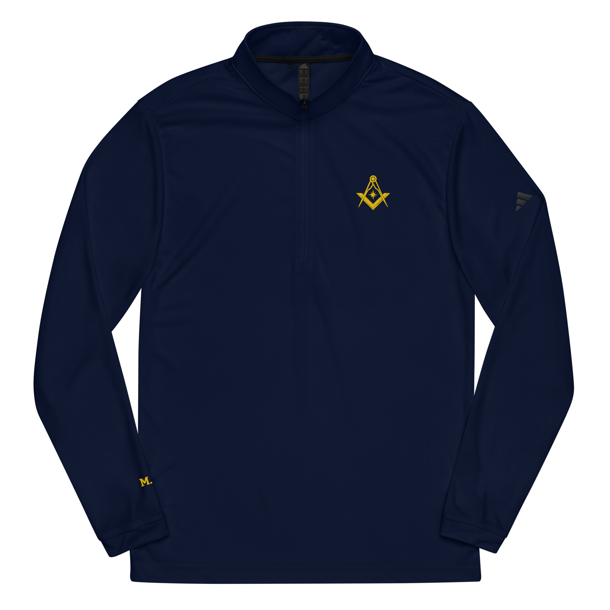 Navy blue Master Mason performance pullover with gold embroidery, lightweight and sweat-wicking.