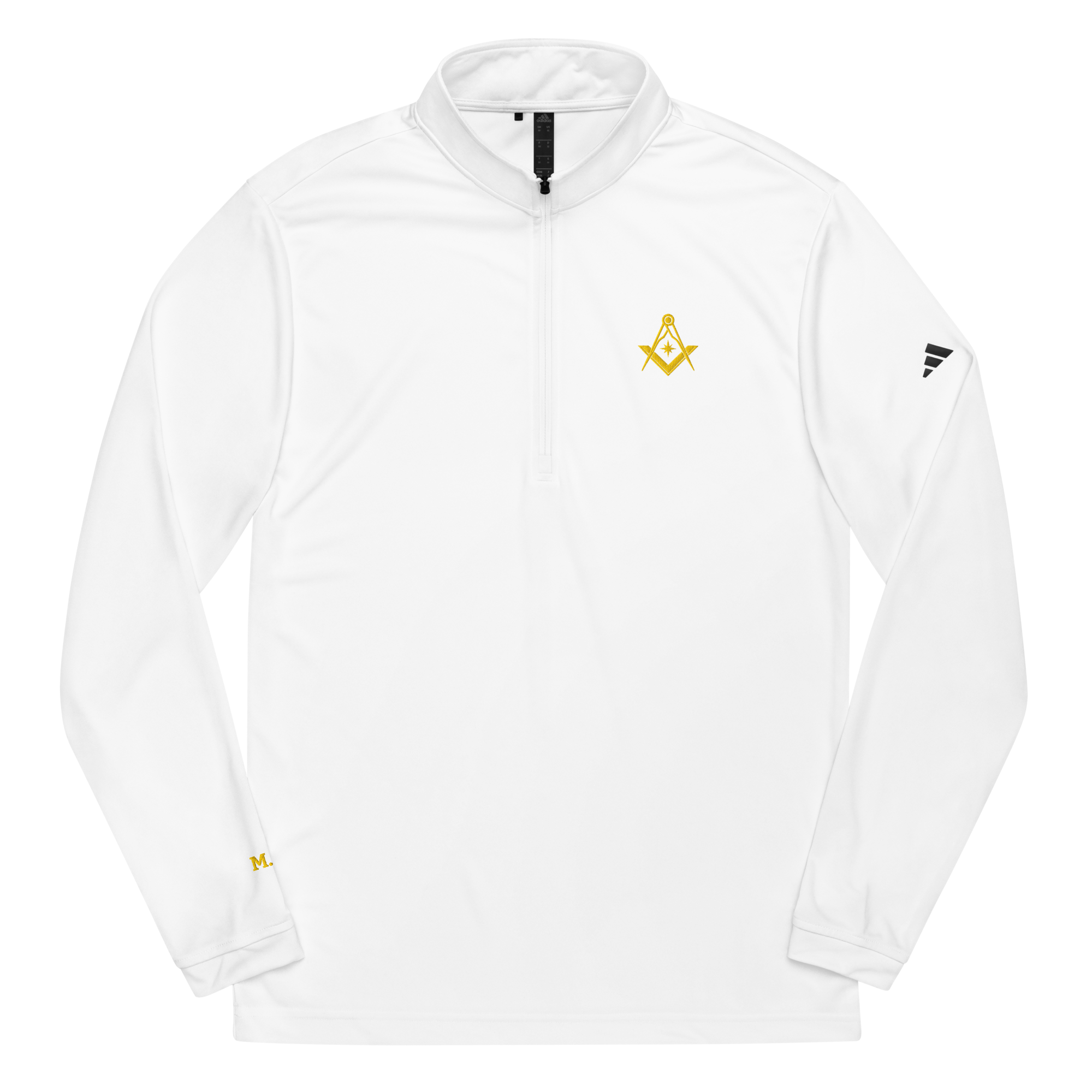 White Freemason quarter-zip with embroidered Square and Compasses symbol, UPF 50+ sun protection.