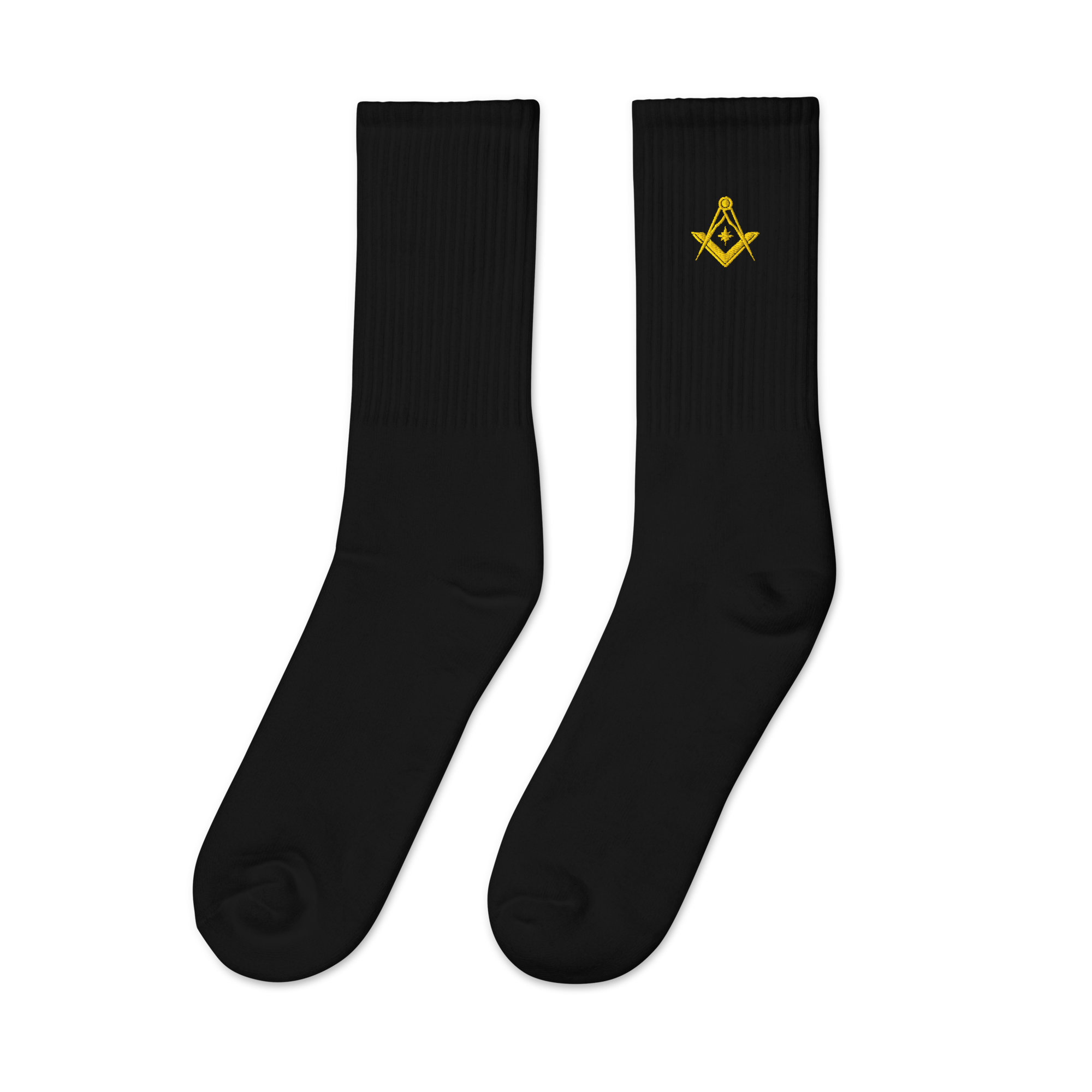 Black Masonic embroidered dress socks with gold Square & Compasses emblem, Freemason apparel.
