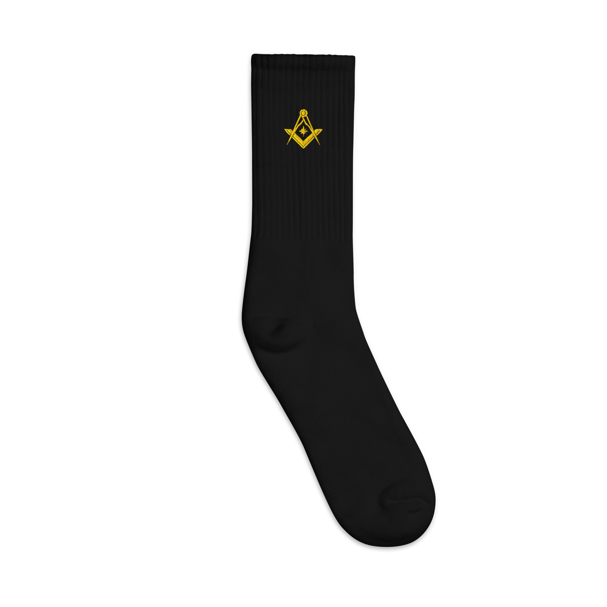 Black Masonic embroidered dress socks with gold Square & Compasses emblem, Freemason apparel.