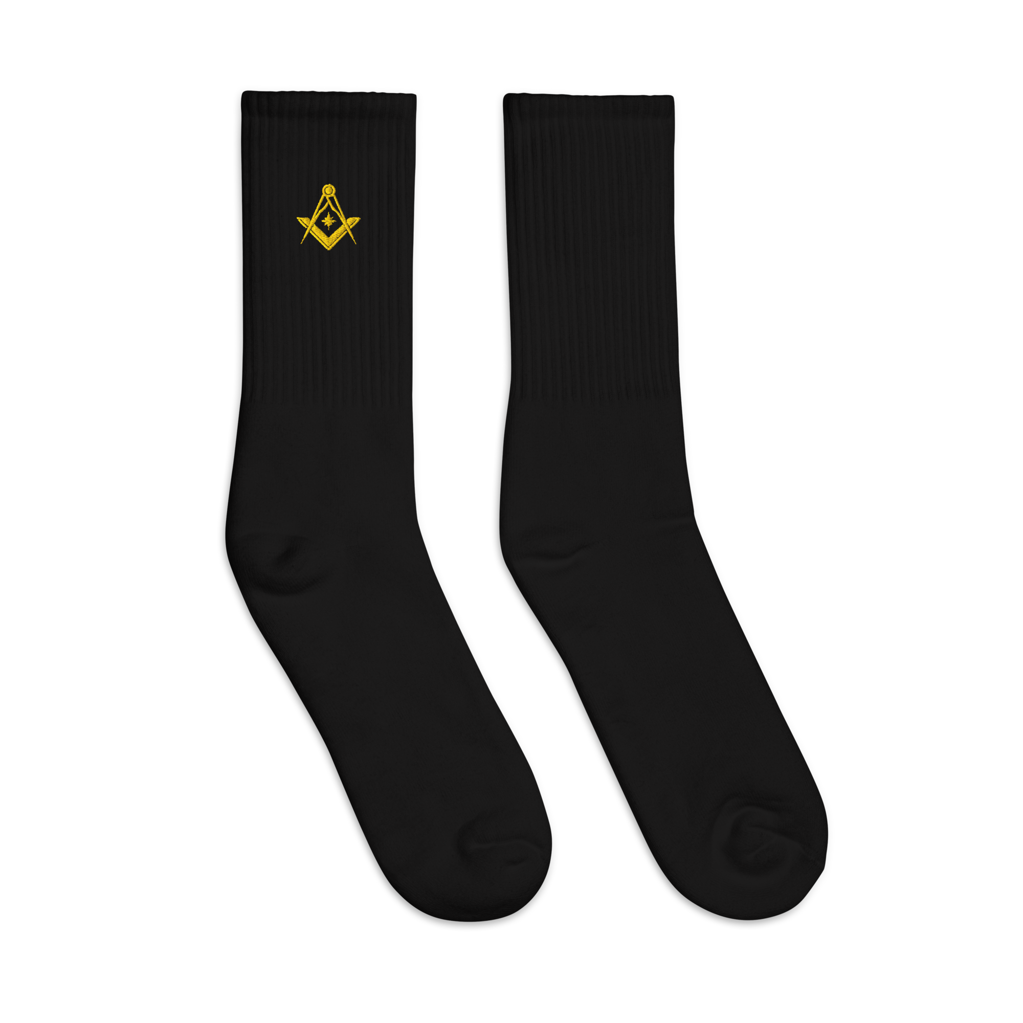 Black Masonic embroidered dress socks with gold Square & Compasses emblem, Freemason apparel.