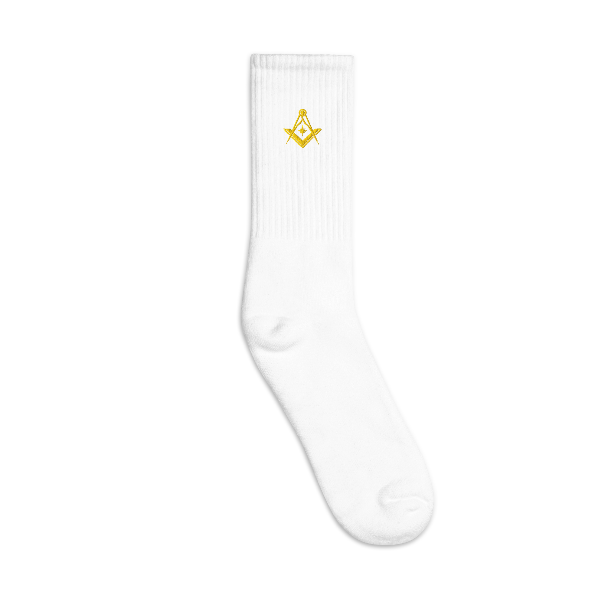 White Masonic embroidered socks with gold Square & Compasses design, premium Freemason gift.
