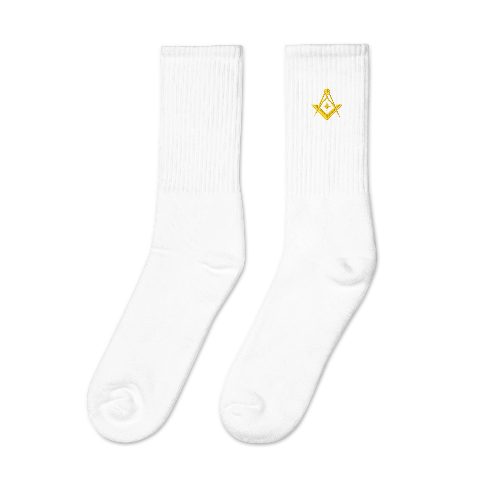 White Masonic embroidered socks with gold Square & Compasses design, premium Freemason gift.