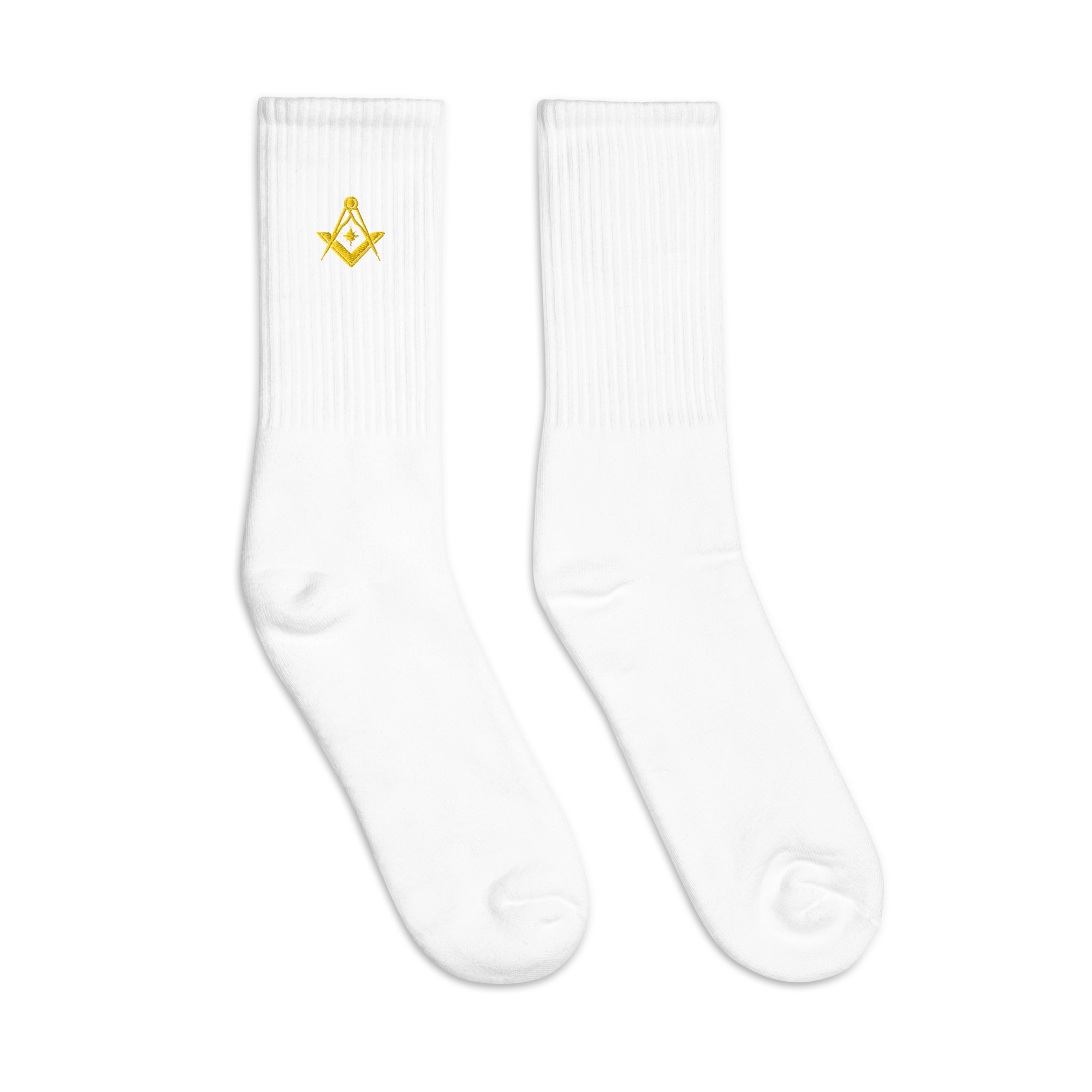 White Masonic embroidered socks with gold Square & Compasses design, premium Freemason gift.