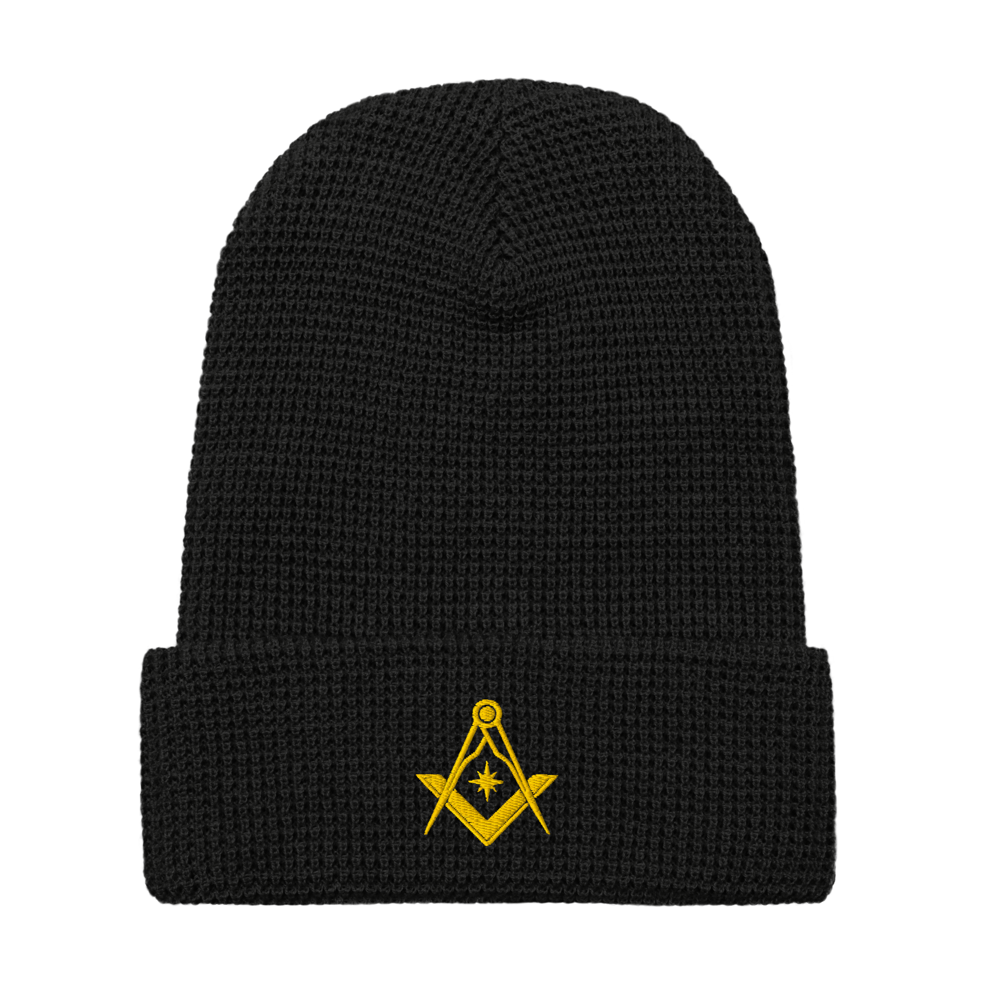 Black waffle knit Masonic beanie with embroidered Square & Compasses, Freemason winter hat.