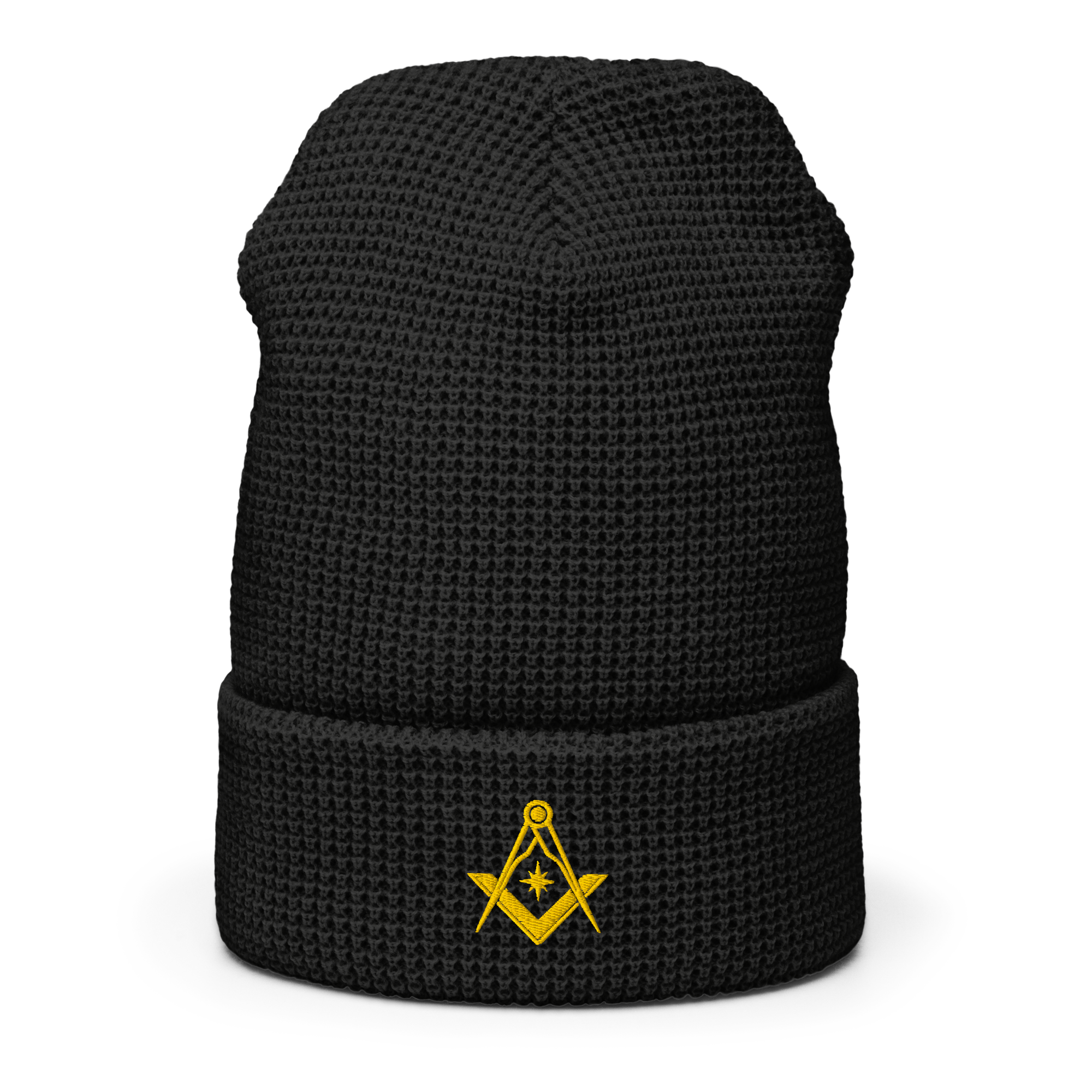 Black waffle knit Masonic beanie with embroidered Square & Compasses, Freemason winter hat.