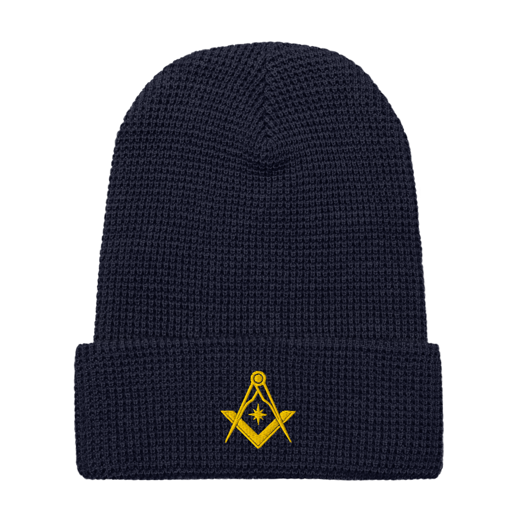 Navy waffle knit Freemason beanie with gold embroidered Square & Compasses emblem.
