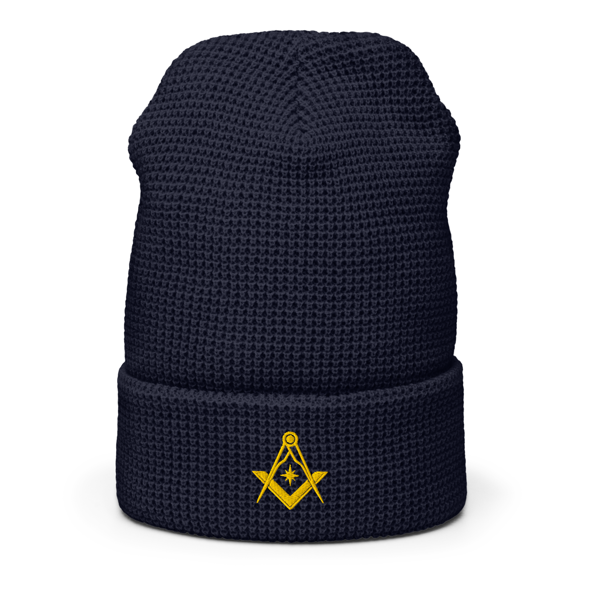 Navy waffle knit Freemason beanie with gold embroidered Square & Compasses emblem.