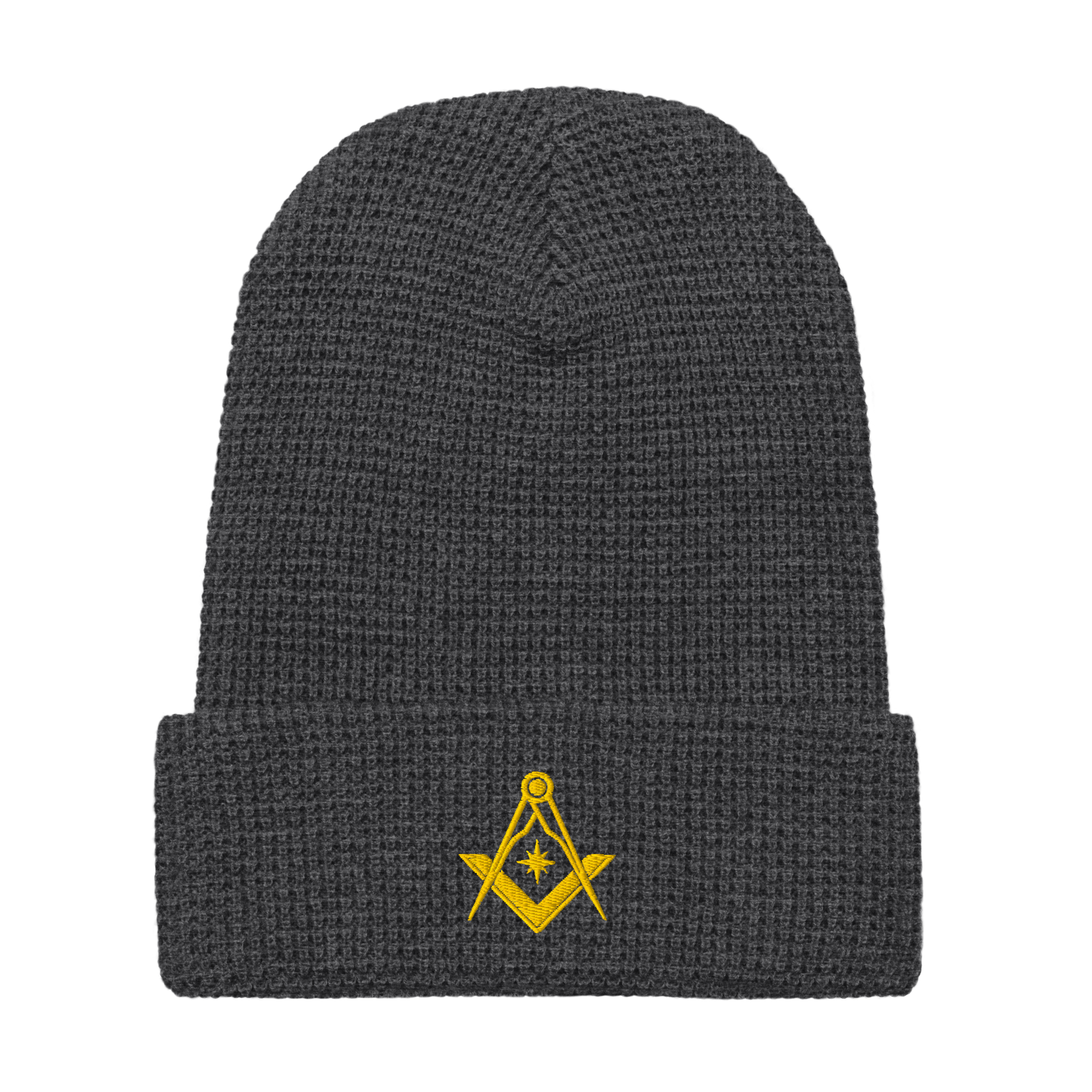 Charcoal gray Masonic waffle knit beanie, embroidered Square & Compasses design.