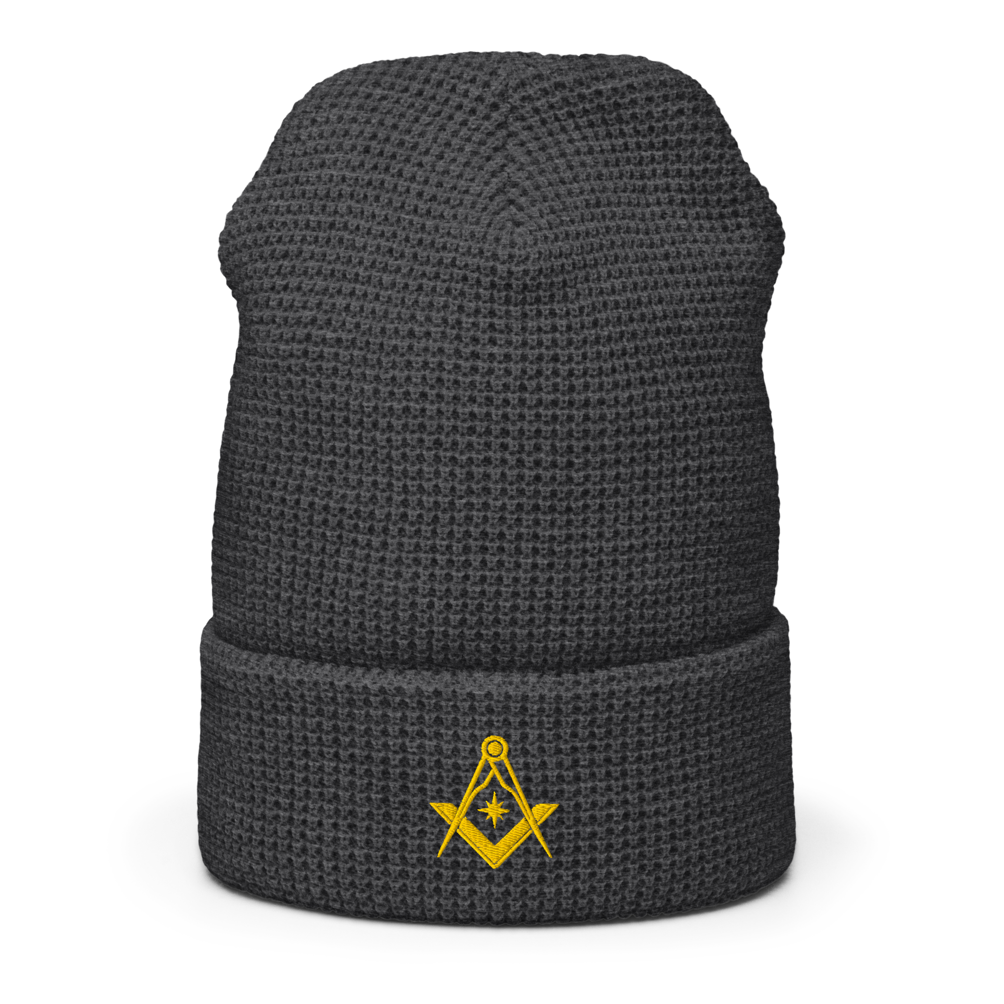 Charcoal gray Masonic waffle knit beanie, embroidered Square & Compasses design.
