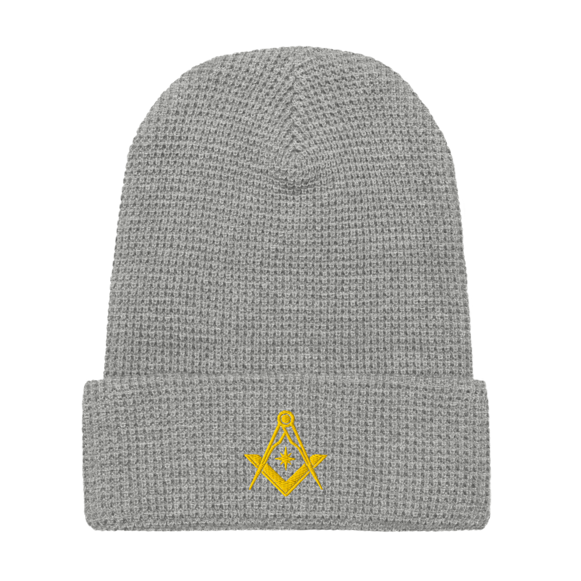 Light gray waffle knit Masonic beanie with Square & Compasses embroidery, Freemason apparel gift.