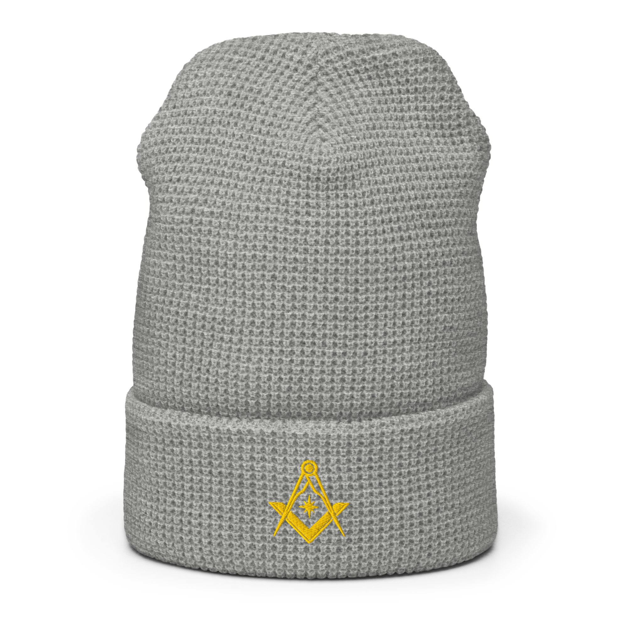 Light gray waffle knit Masonic beanie with Square & Compasses embroidery, Freemason apparel gift.
