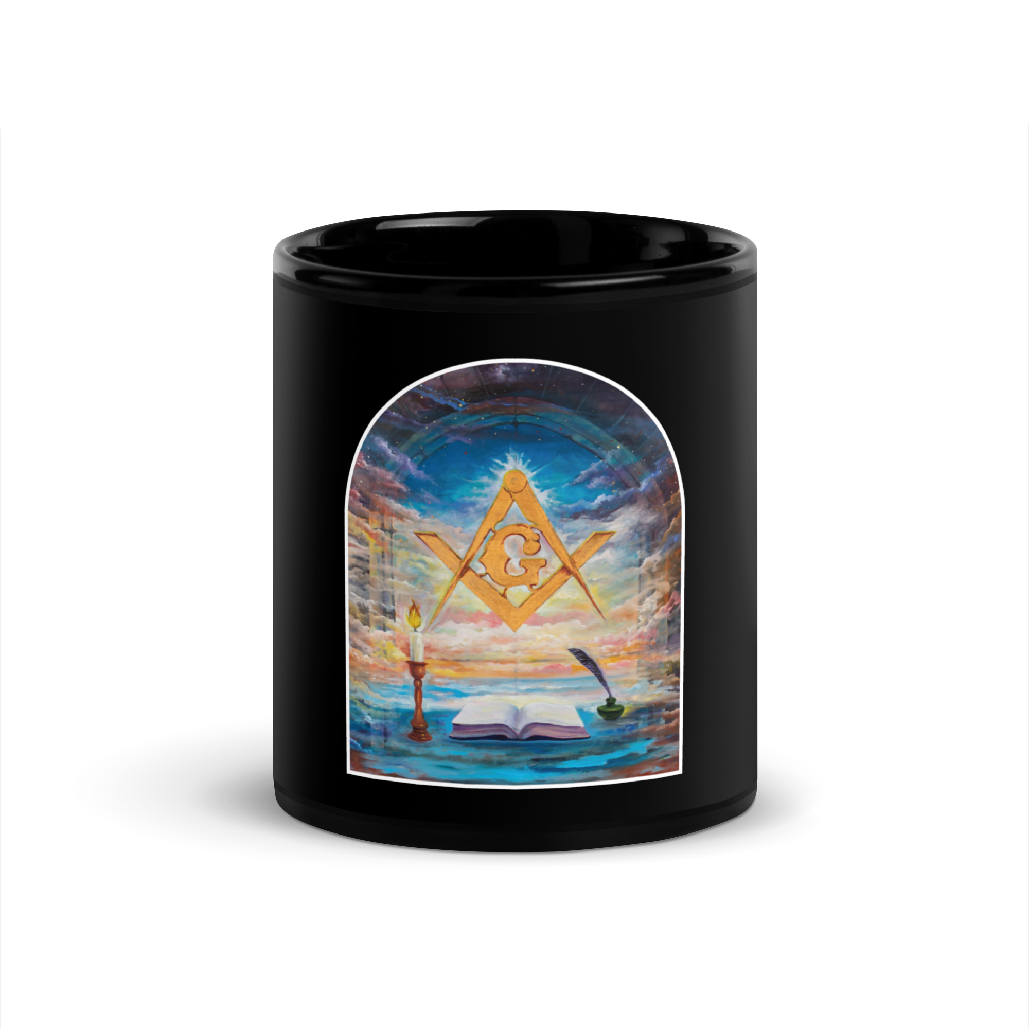 Black ceramic 11 oz Masonic mug featuring Square and Compasses artwork by Bro. John Philip Capello, Freemason gift idea.