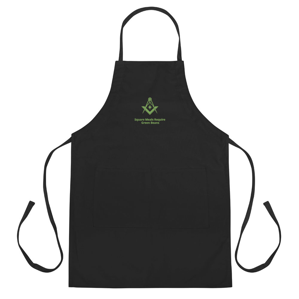 Black embroidered Masonic cooking apron with Square & Compasses symbol and green bean slogan, Freemason kitchen gift.