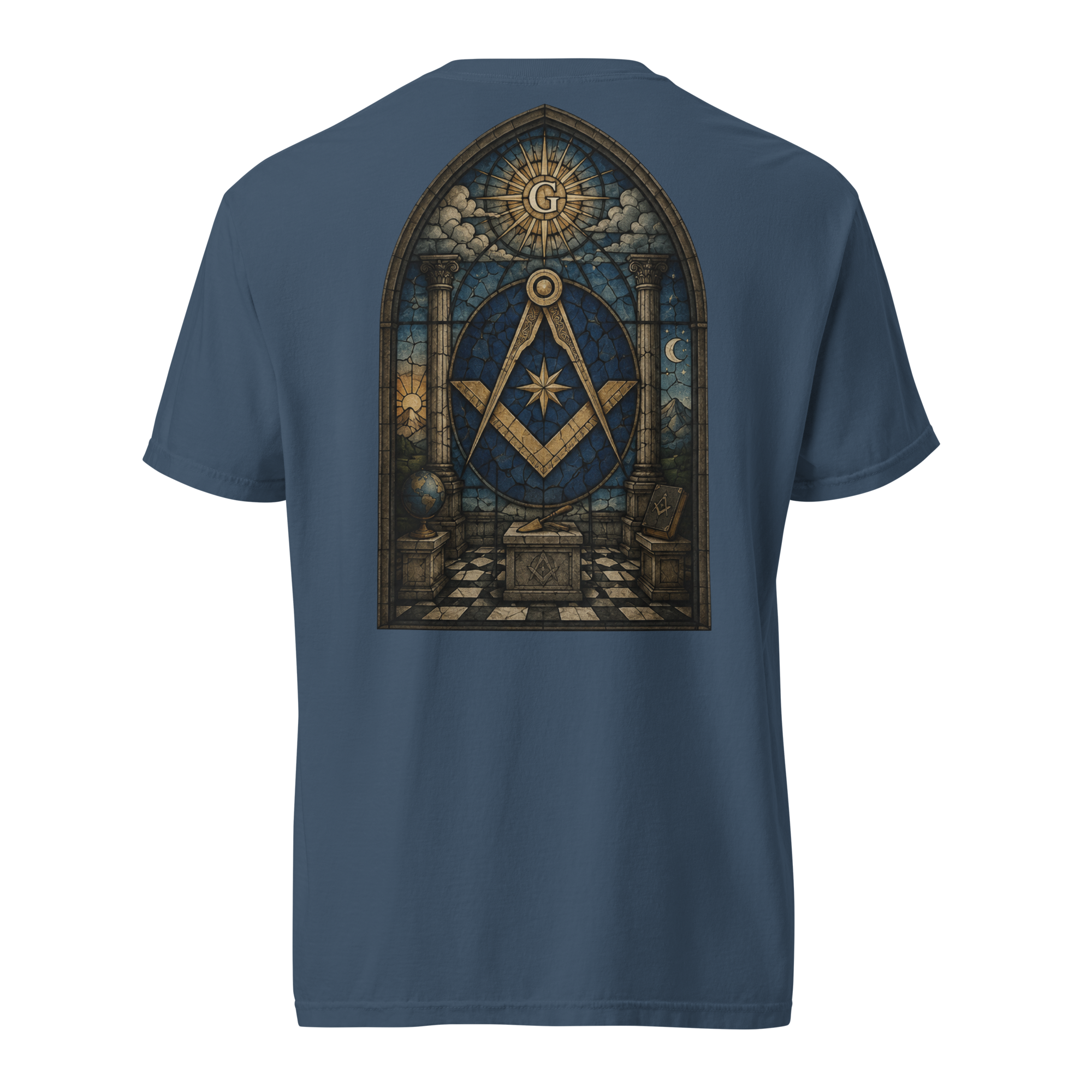 Blue garment-dyed heavyweight T-shirt featuring a stained glass Square and Compasses Masonic design inspired by historic tracing boards.